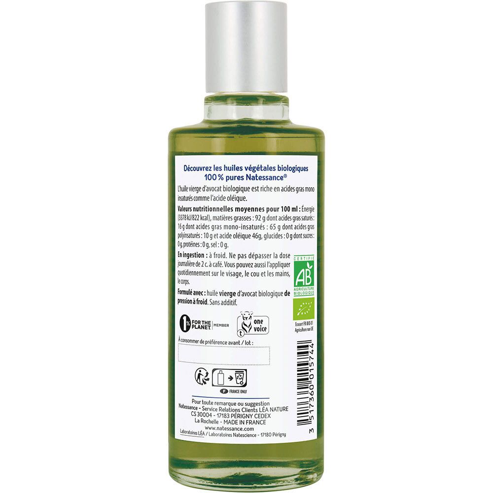 Dos du flacon en verre vert. Informations textuelles, informations nutritionnelles, label bio et code-barres.