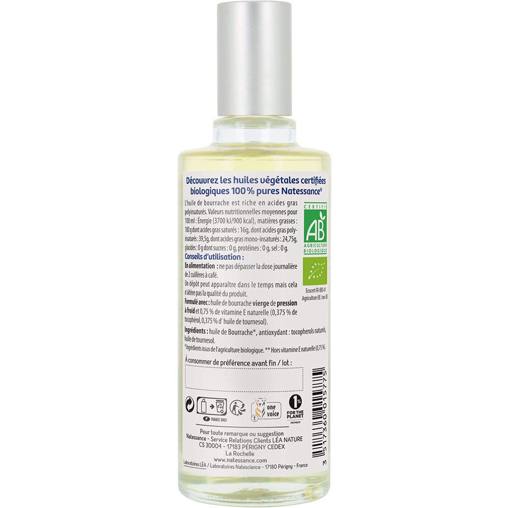 Dos du flacon d'huile. Informations, ingrédients, valeurs nutritionnelles. Label AB bio.