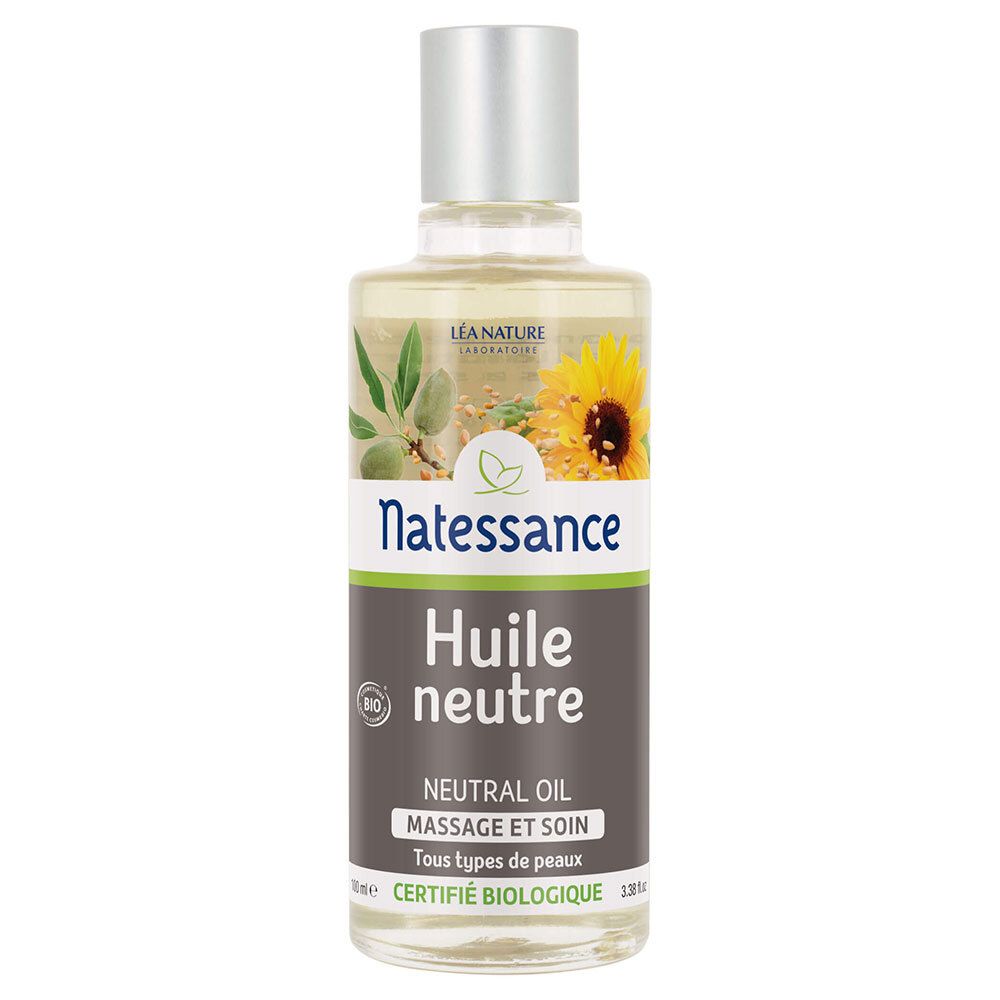Transparante glazen fles met zilveren dop. Etiket met logo, productnaam en certificering. Opschrift: Huile neutre.