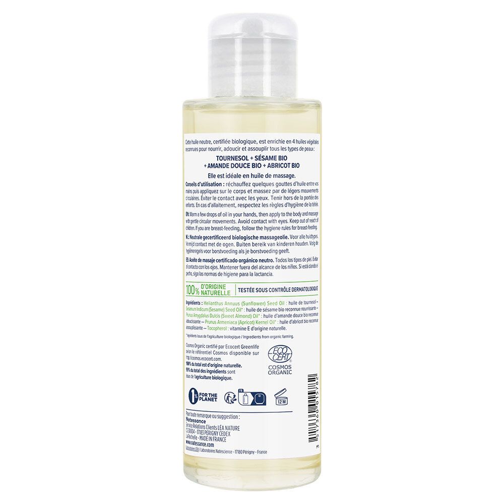 Achterkant van de fles. Franse tekst over ingrediënten, gebruik en certificeringen. Bio-certificeringslogo.