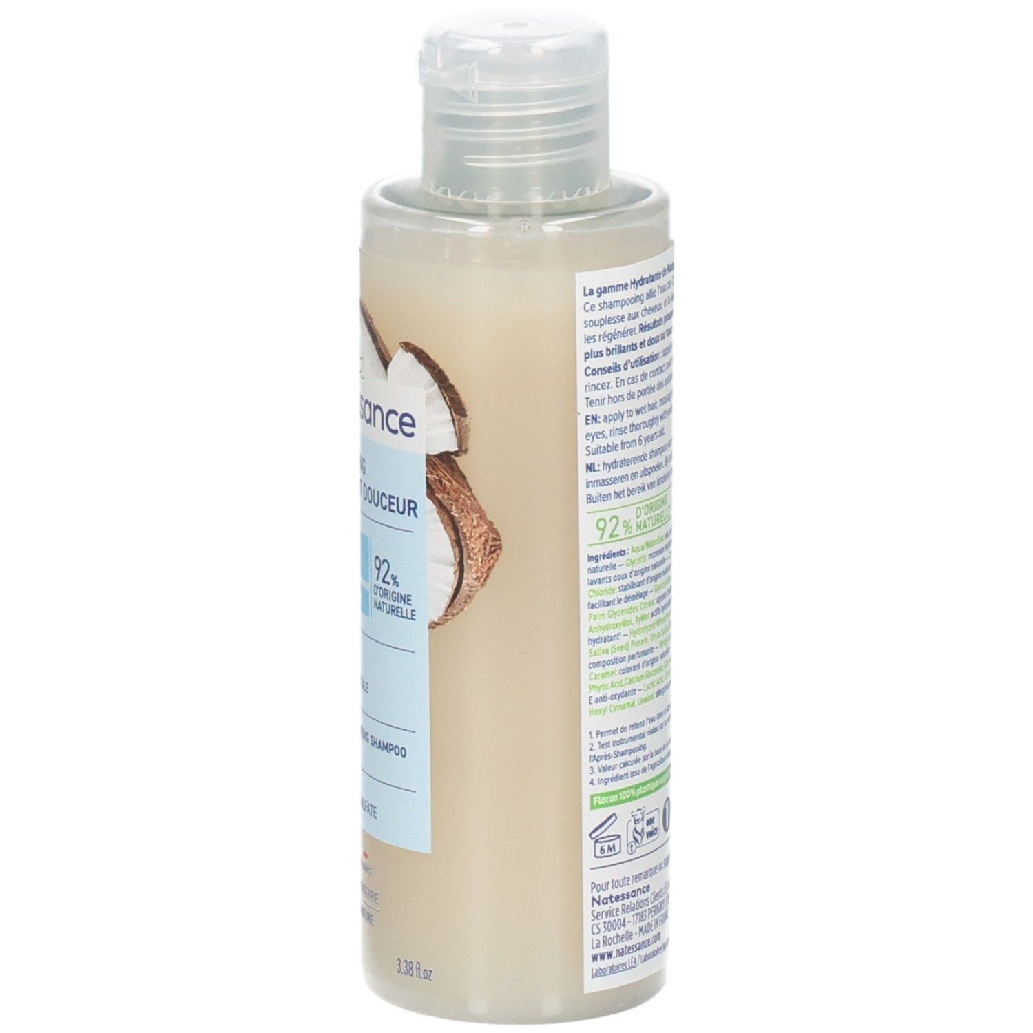 Shampoo fles, lichtjes schuin. Tekst: Natessance, Shampooing hydratant douceur, Coco Bio, 0% silicone, sulfaat.