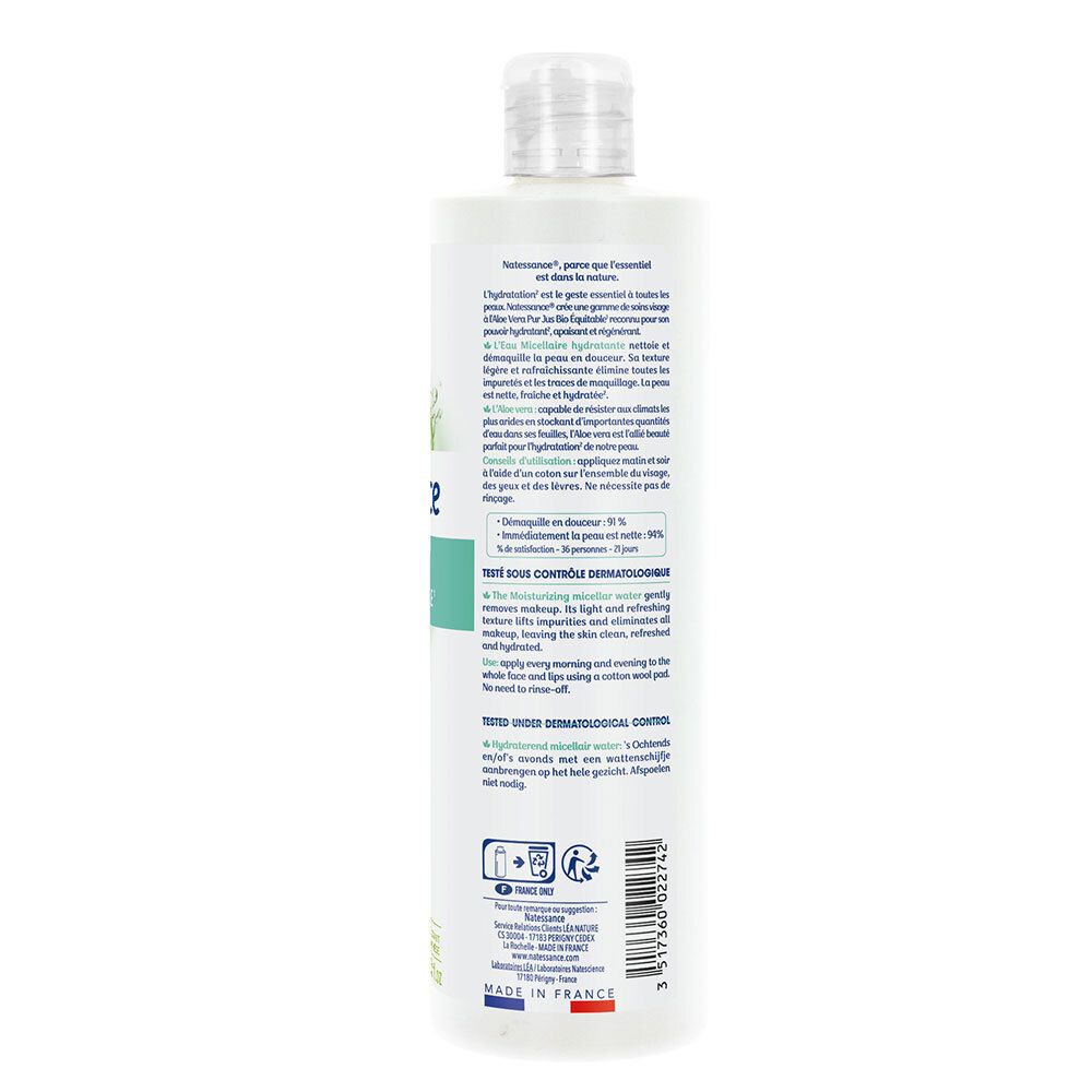 Achterkant van de witte fles. Tekst: gebruiksinformatie, ingrediënten, dermatologische controle, Bio-certificering, Made in France.