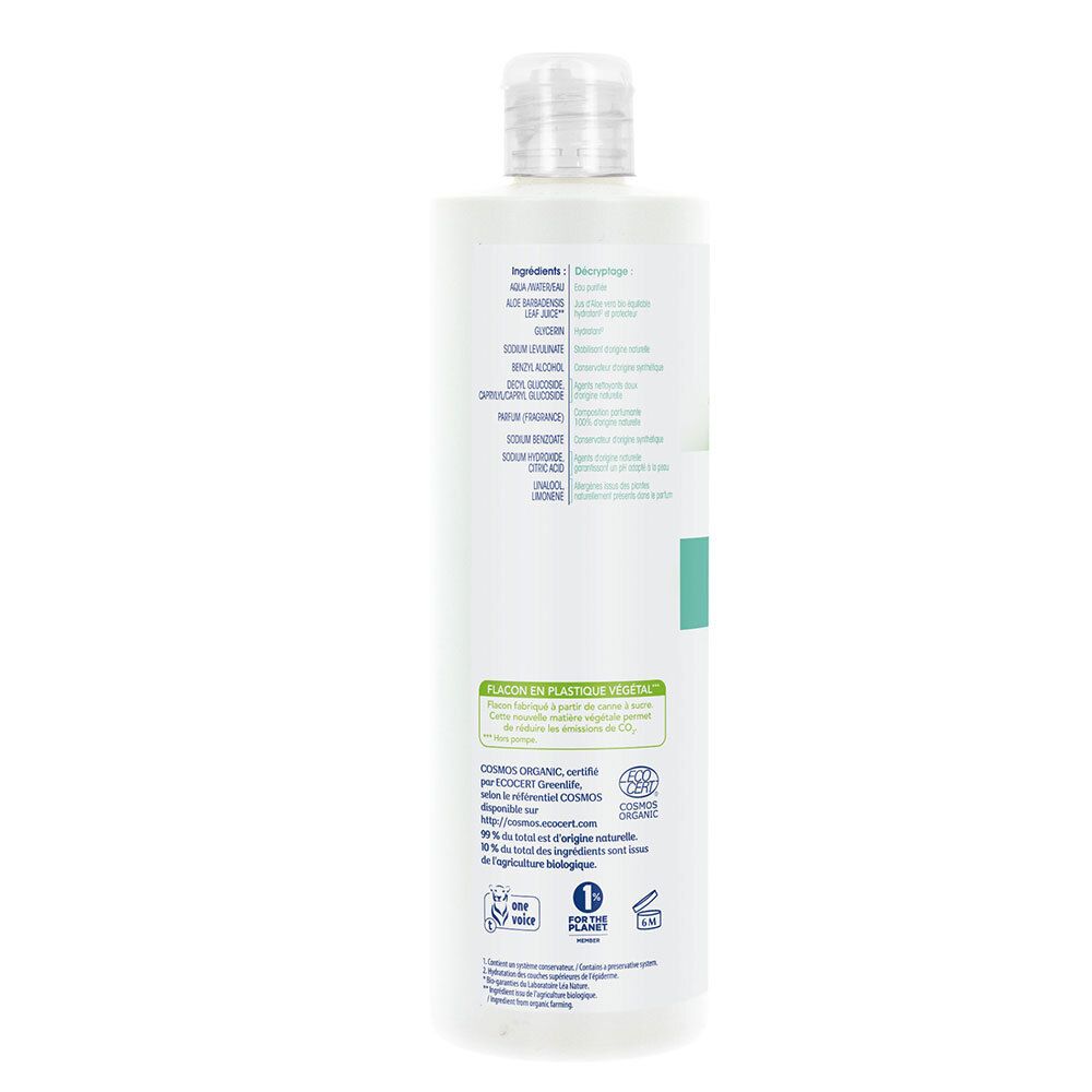 Achterkant van de witte fles. Tekst: ingrediënten, Bio-certificering, milieu-informatie, Made in France.