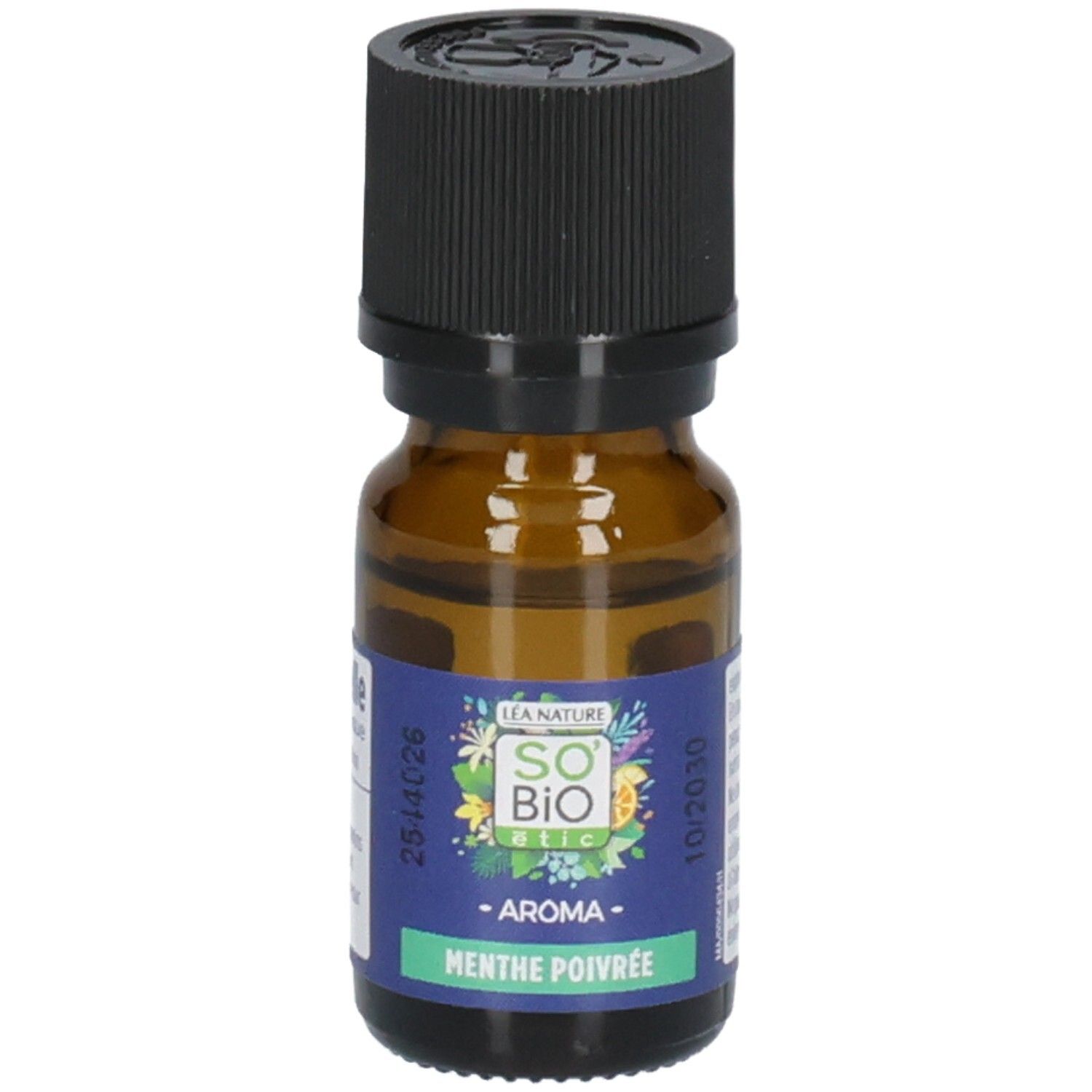 Flacon en verre brun avec bouchon noir, étiquette "So' Bio Etic Aroma Menthe Poivrée".