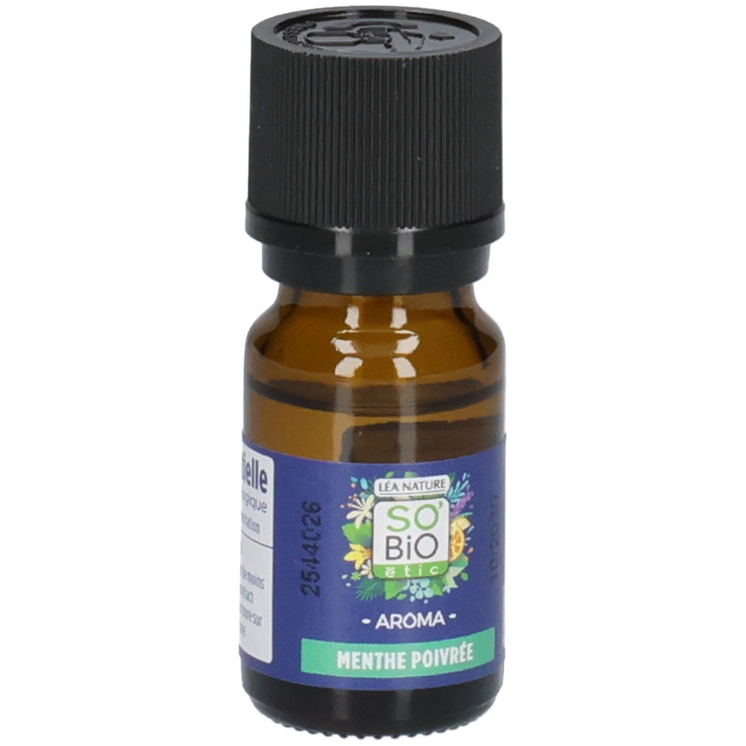 Flacon avec étiquette "So' Bio Etic Aroma Menthe Poivrée", face avant.