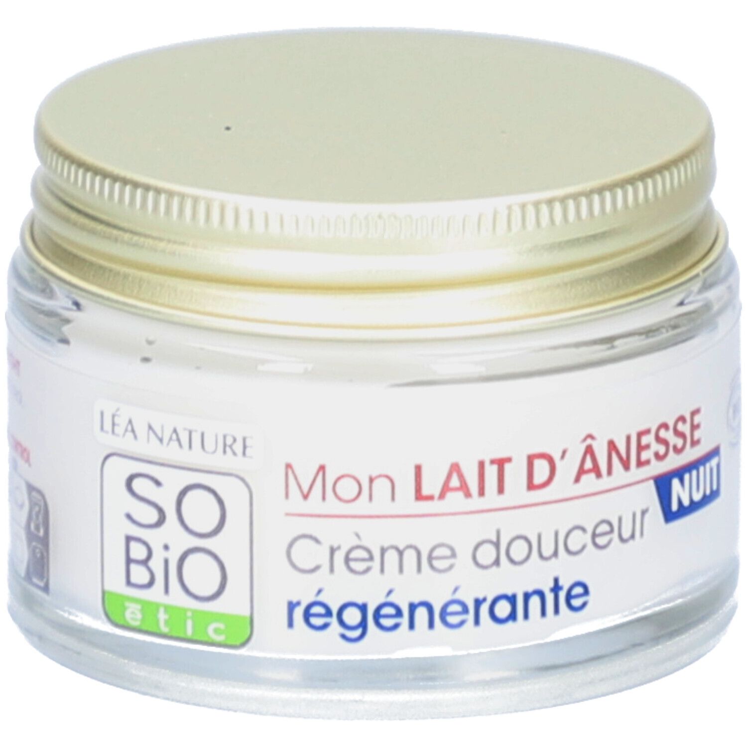 Crème en pot de verre avec couvercle doré. Inscription: SO'BiO étic, Mon Lait d'Ânesse, Crème douceur régénérante, Nuit. Certification bio.
