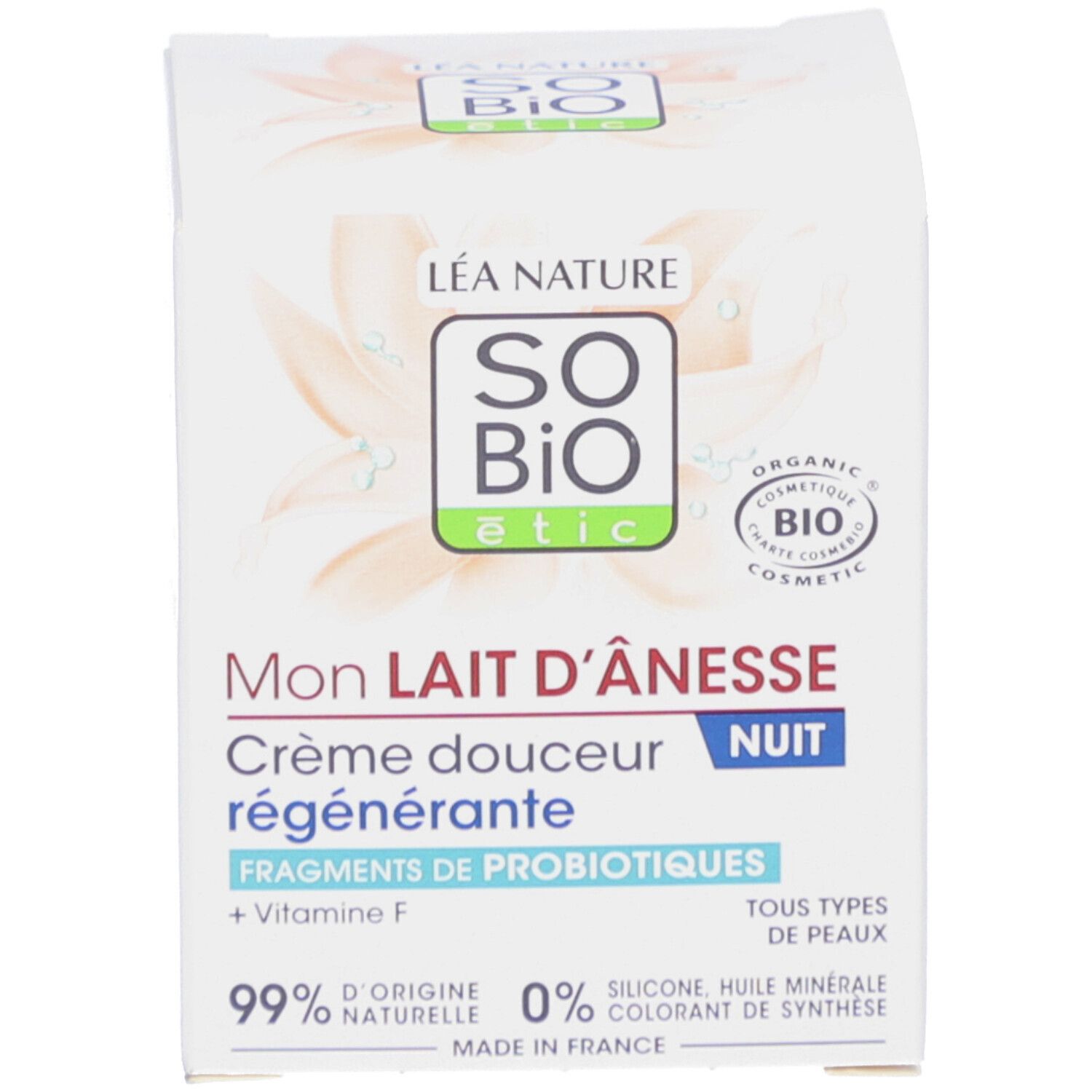 Emballage du produit. Inscription: SO'BiO étic, Mon Lait d'Ânesse, Crème douceur régénérante, Nuit. Certification bio. Texte: Fragments de probiotiques.