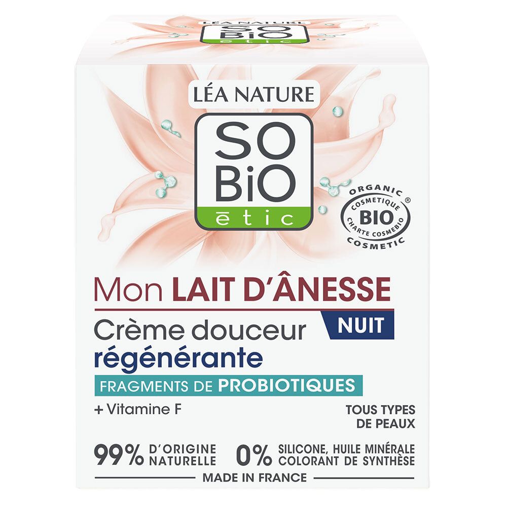 Emballage avec crème. Inscription: Mon Lait d'Ânesse Crème douceur régénérante Nuit. Avec probiotiques et vitamine F. 99% naturel.