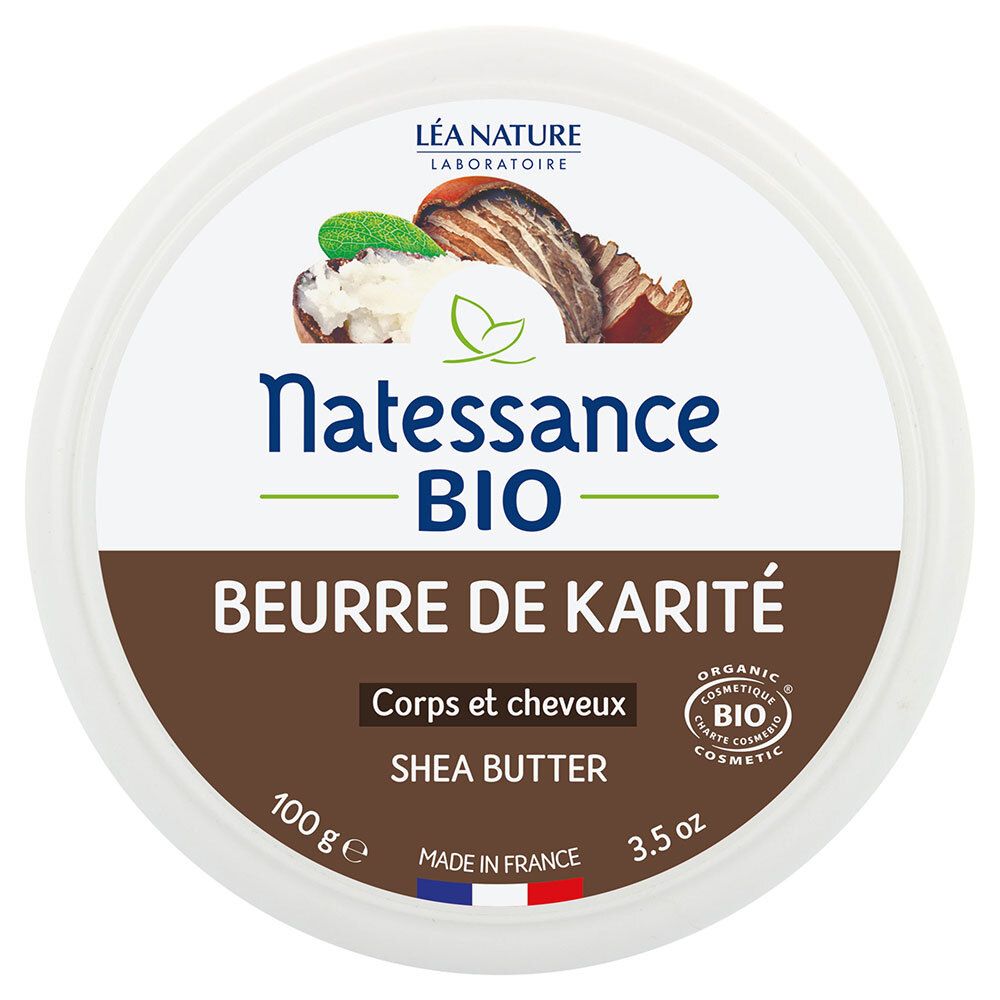 Ronde pot Natessance BIO shea butter. Opschrift: Beurre de Karité, Corps et cheveux, Shea Butter. Bio-certificering.