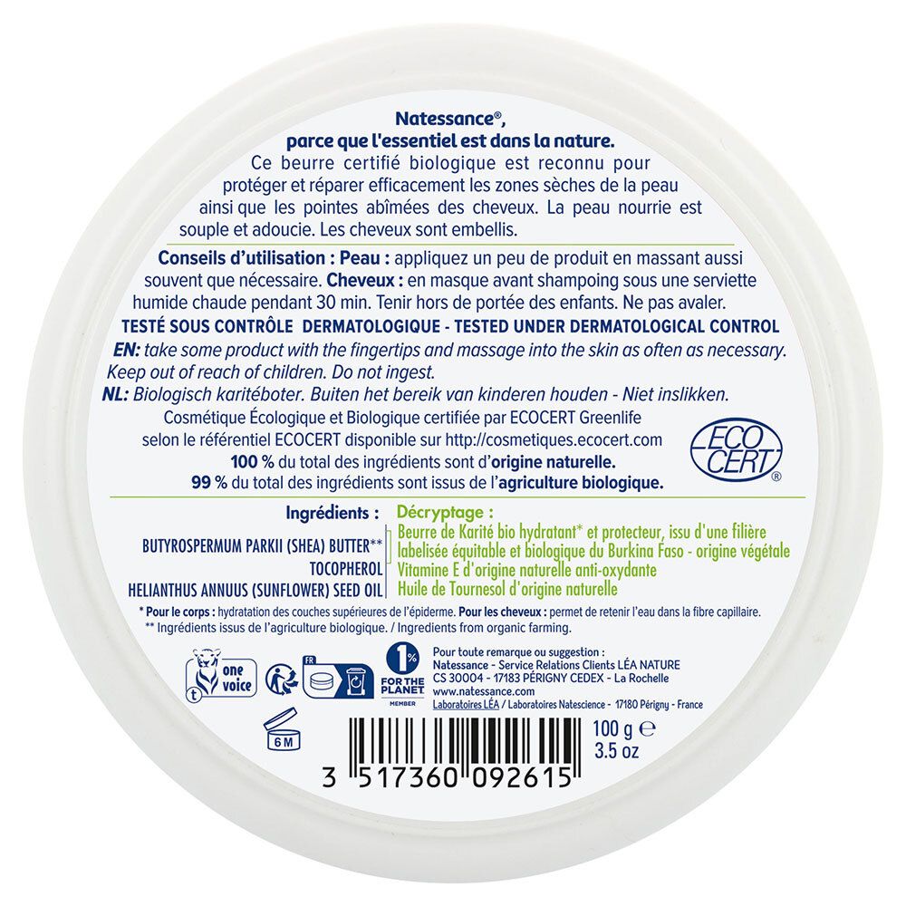 Achterkant van de pot met tekst. Ingrediënten, gebruiksaanwijzing, dermatologische controle. ECOCERT-certificering. 100g/3.5 oz.