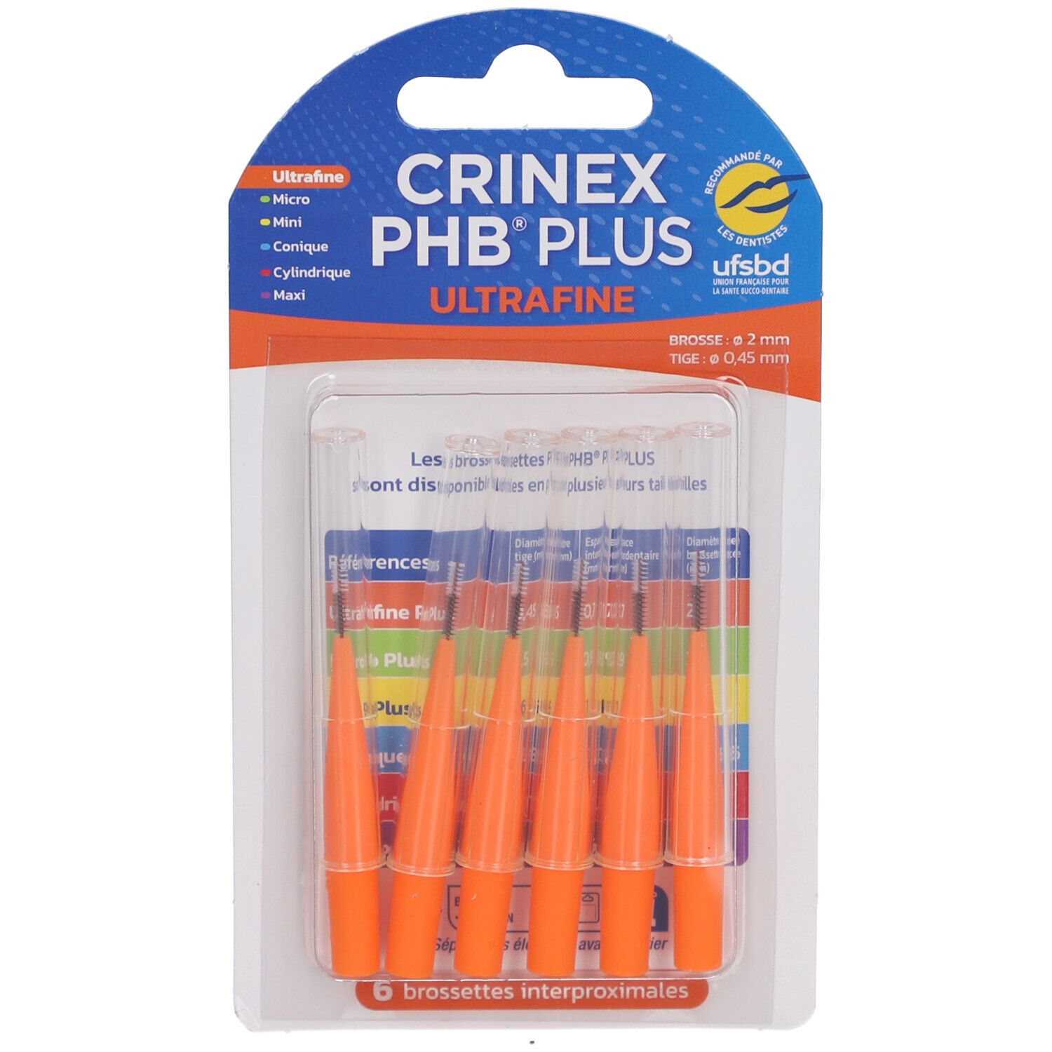 Blister de six brossettes interdentaires CRINEX PHB PLUS Ultrafine. Emballage bleu et orange avec nom du produit.