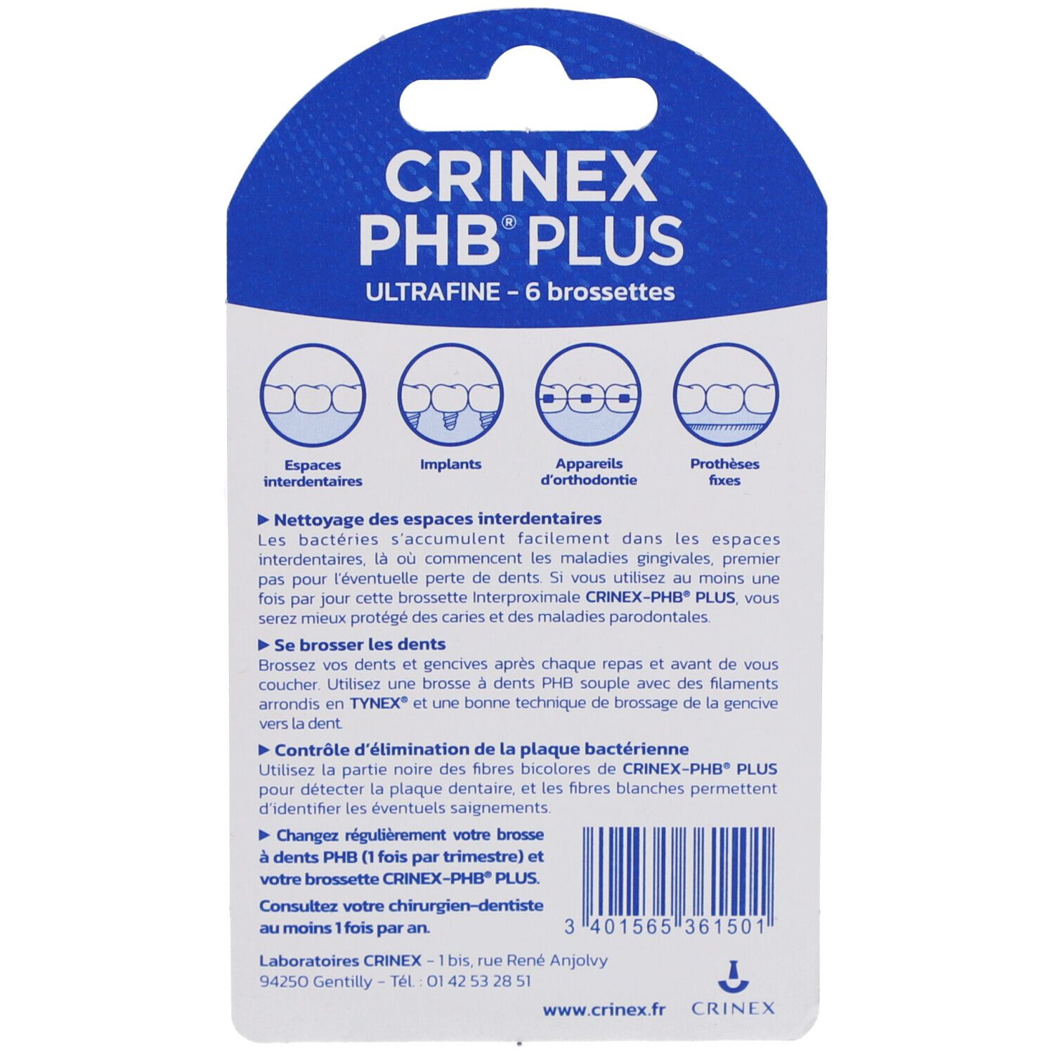 Dos de l'emballage avec le nom du produit CRINEX PHB PLUS Ultrafine. Texte en français avec illustrations de dents et implants.