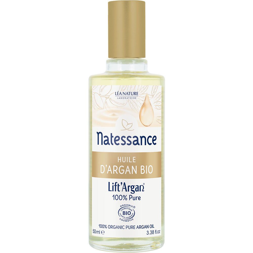 Transparante olie in glazen fles met gouden dop. Opschrift: Natessance, Huile d'Argan Bio, Lift'Argan, 100% Pure. Bio-label.