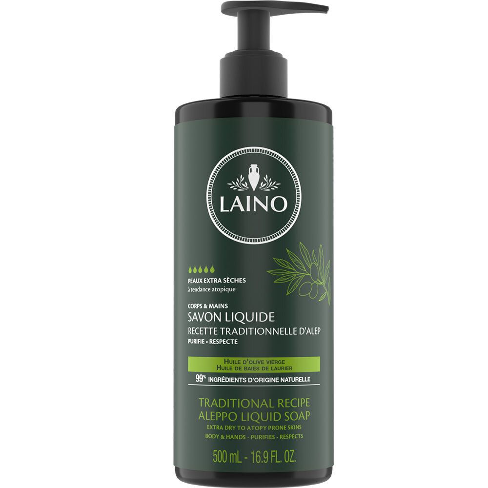 Groene fles met zwarte pomp. Opschrift: Laino Vloeibare zeep uit Aleppo. Voor droge huid. 500ml.