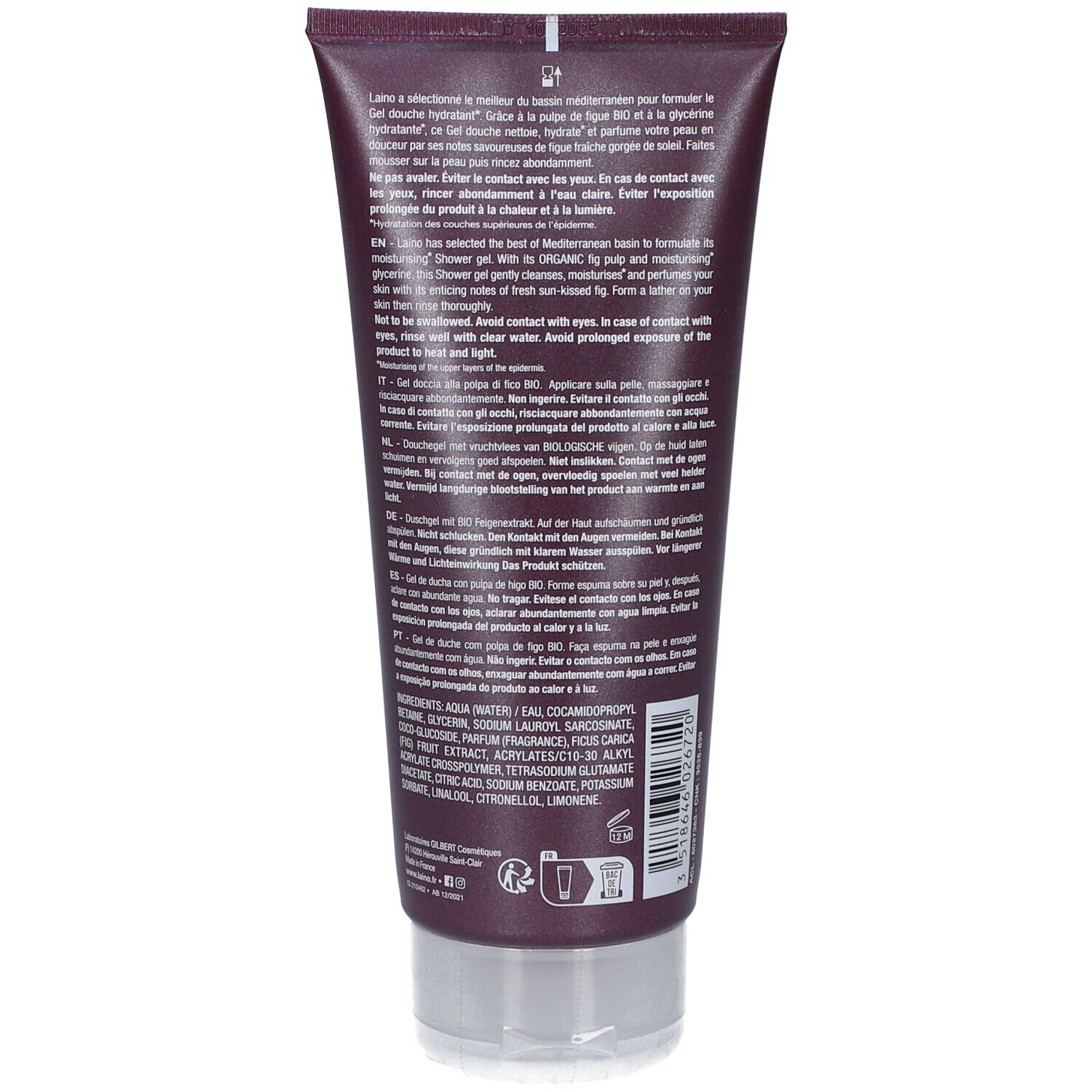 Tube de gel douche. Couleur bordeaux. Bouchon transparent. Texte multilingue.