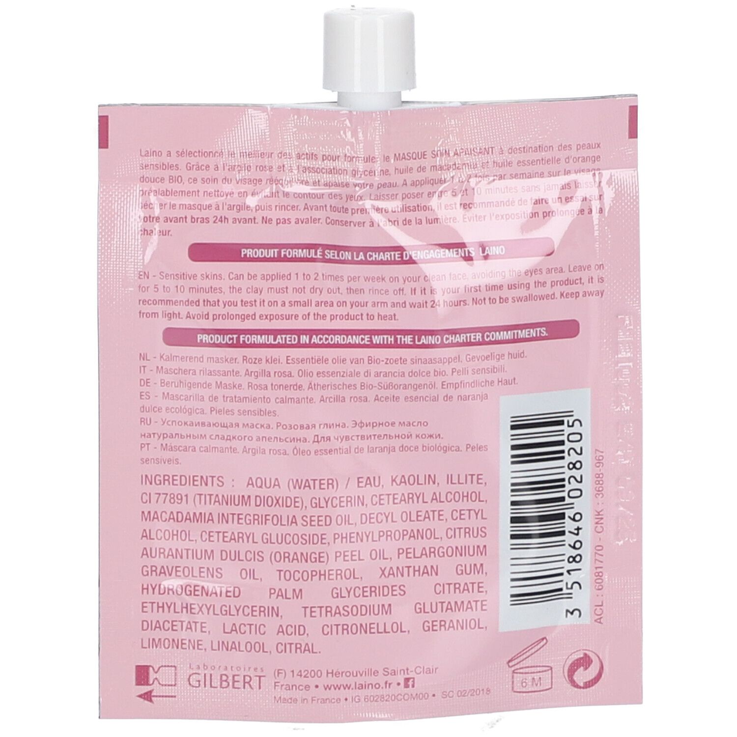 Sachet rose de masque facial avec bouchon blanc. Ingrédients et informations textuelles multilingues.