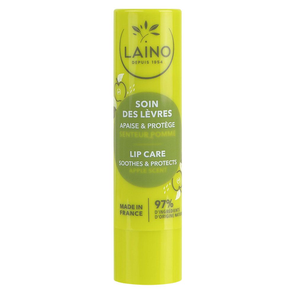 Groene lippenbalsem. Opschrift: LAINO, SOIN DES LÈVRES, APAISE & PROTÈGE, SENTEUR POMME, LIP CARE, 97% ingrediënten.