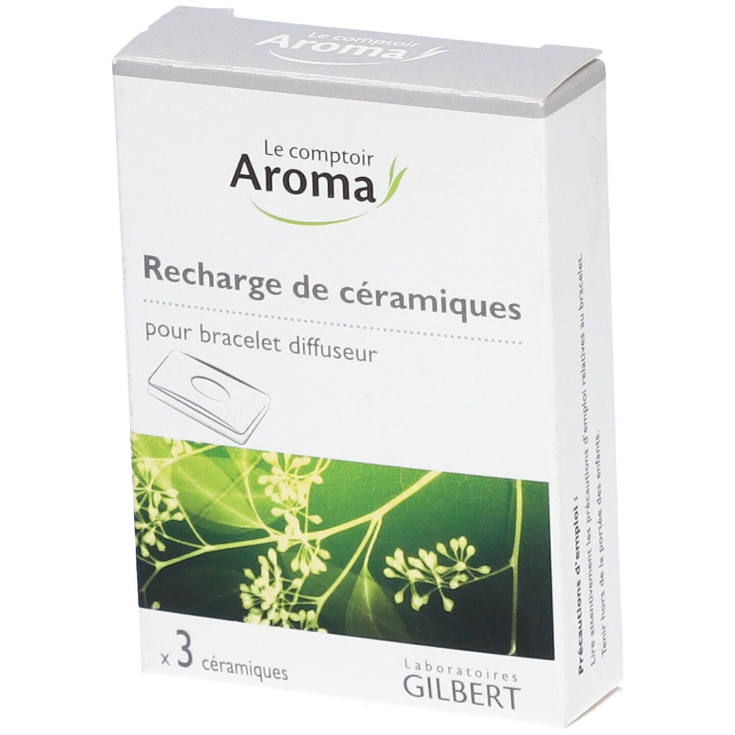 Boîte de recharge de céramiques pour bracelet diffuseur. Marque Le comptoir Aroma, visuel vert et blanc.