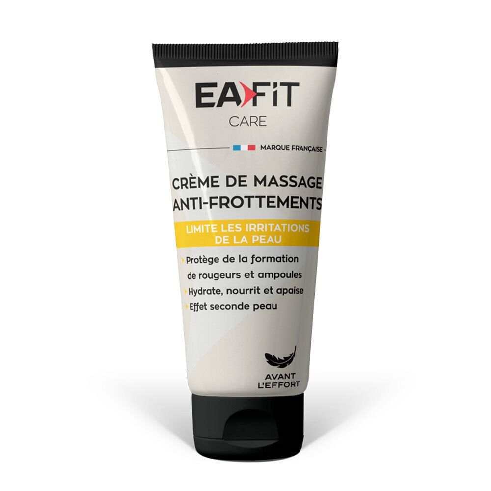 Tube de crème avec bouchon noir. Inscription: EA Fit Care, Crème de massage anti-frottements. Marque française.