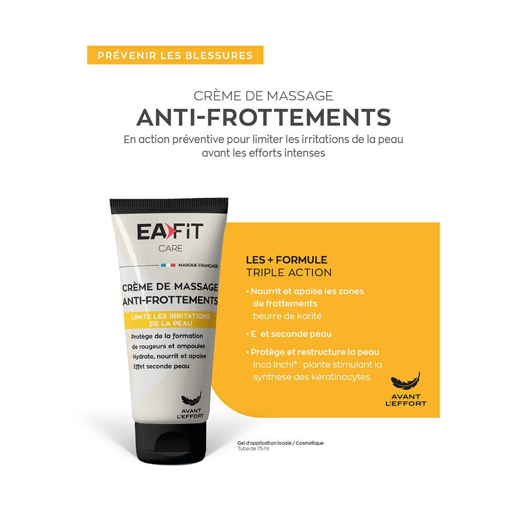 Image produit avec texte. EA Fit Care Crème de massage anti-frottements. Fond jaune avec texte. Avant efforts intenses.
