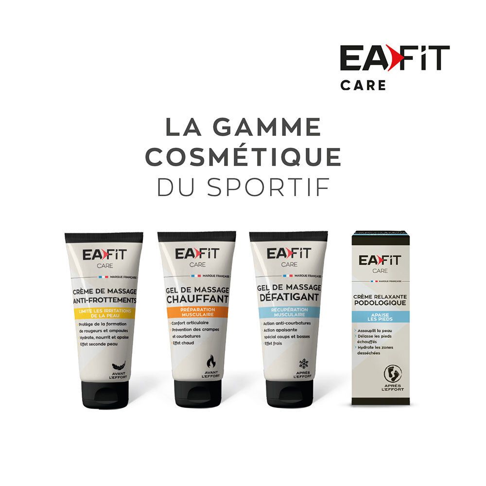 Gamme de produits EA Fit Care. Quatre produits: crème, gel, gel et crème pour les pieds. Emballages noirs et blancs.