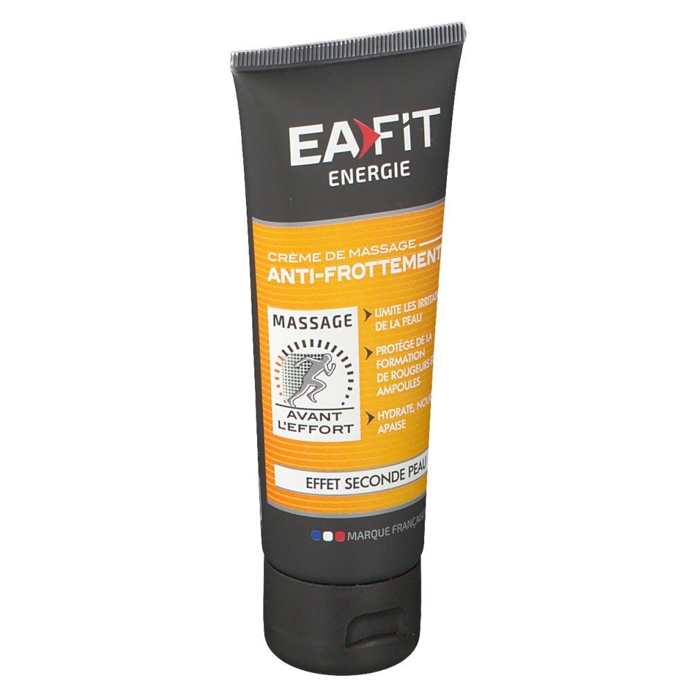 Tube de crème avec bouchon noir. Inscription: EA Fit Energie, Crème de massage anti-frottements. Marque française.