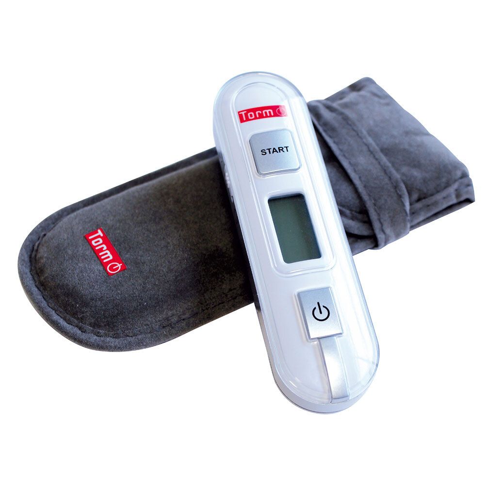 Wit Torm-thermometer met grijze etui. Start- en aan/uit-knop. LCD-scherm. Etui met rood logo.