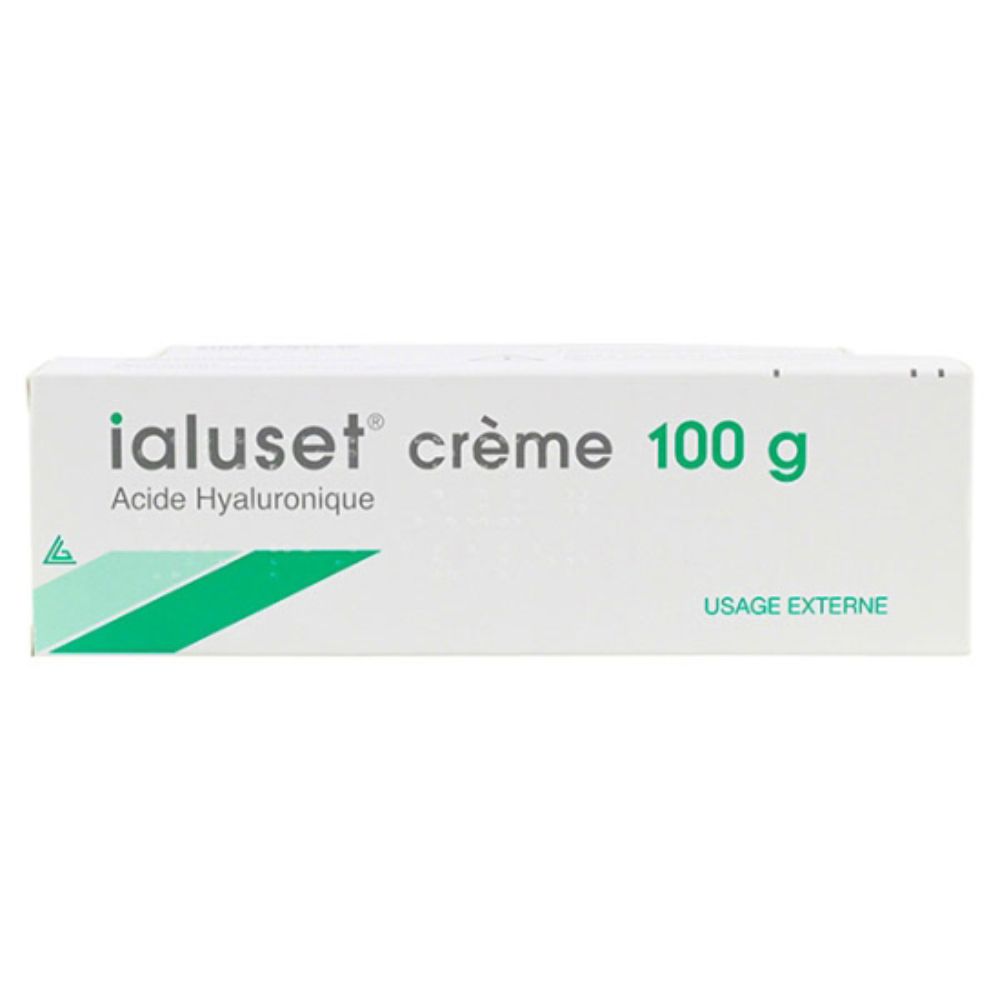 Boîte "ialuset crème 100 g". Vert et blanc. "Acide Hyaluronique" en dessous. Usage externe.