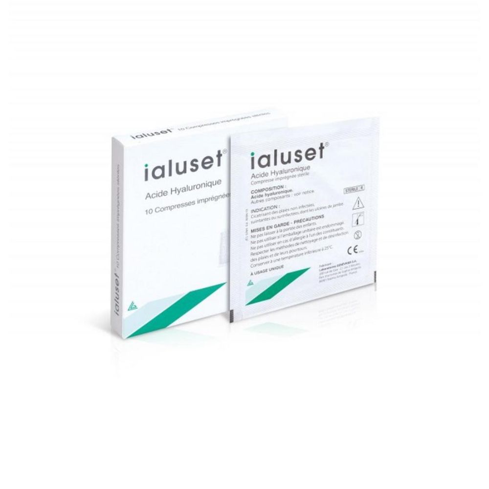 Boîte et sachet de compresses. Inscription Ialuset, Acide Hyaluronique. Informations produit.