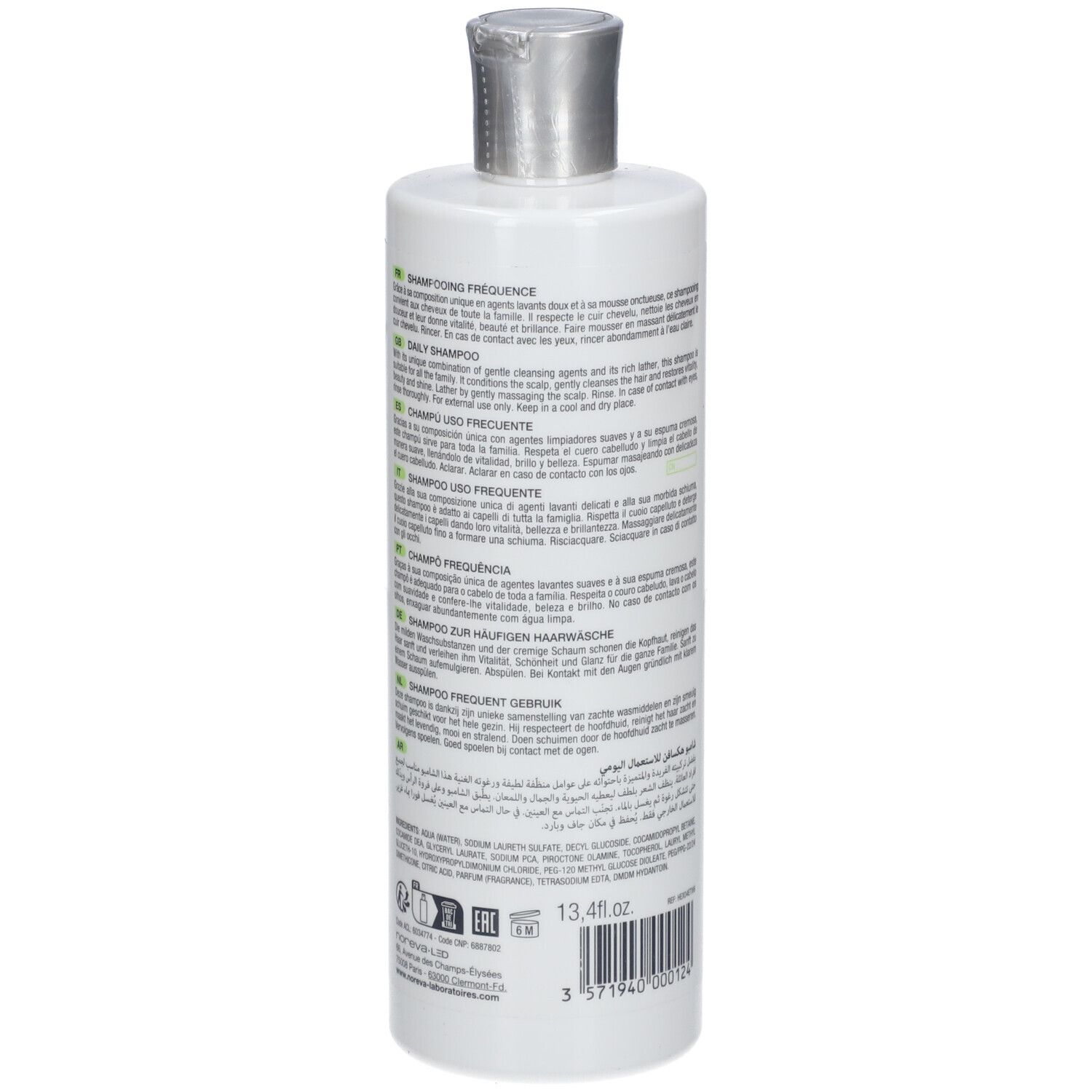 Dos d'un flacon blanc avec étiquette verte. Texte multilingue. 13.4 fl.oz. Avec bouchon argenté.