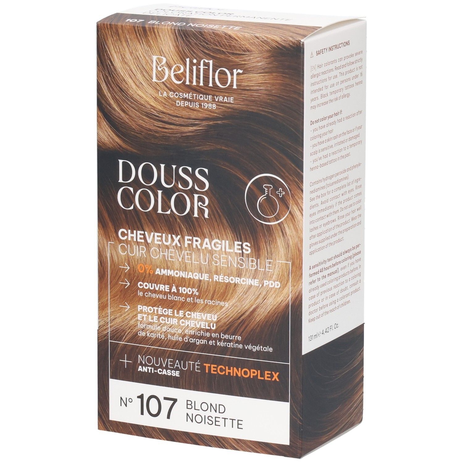 Boîte de coloration Beliflor Douss Color 107 Blond Noisette. Pour cheveux fragiles.