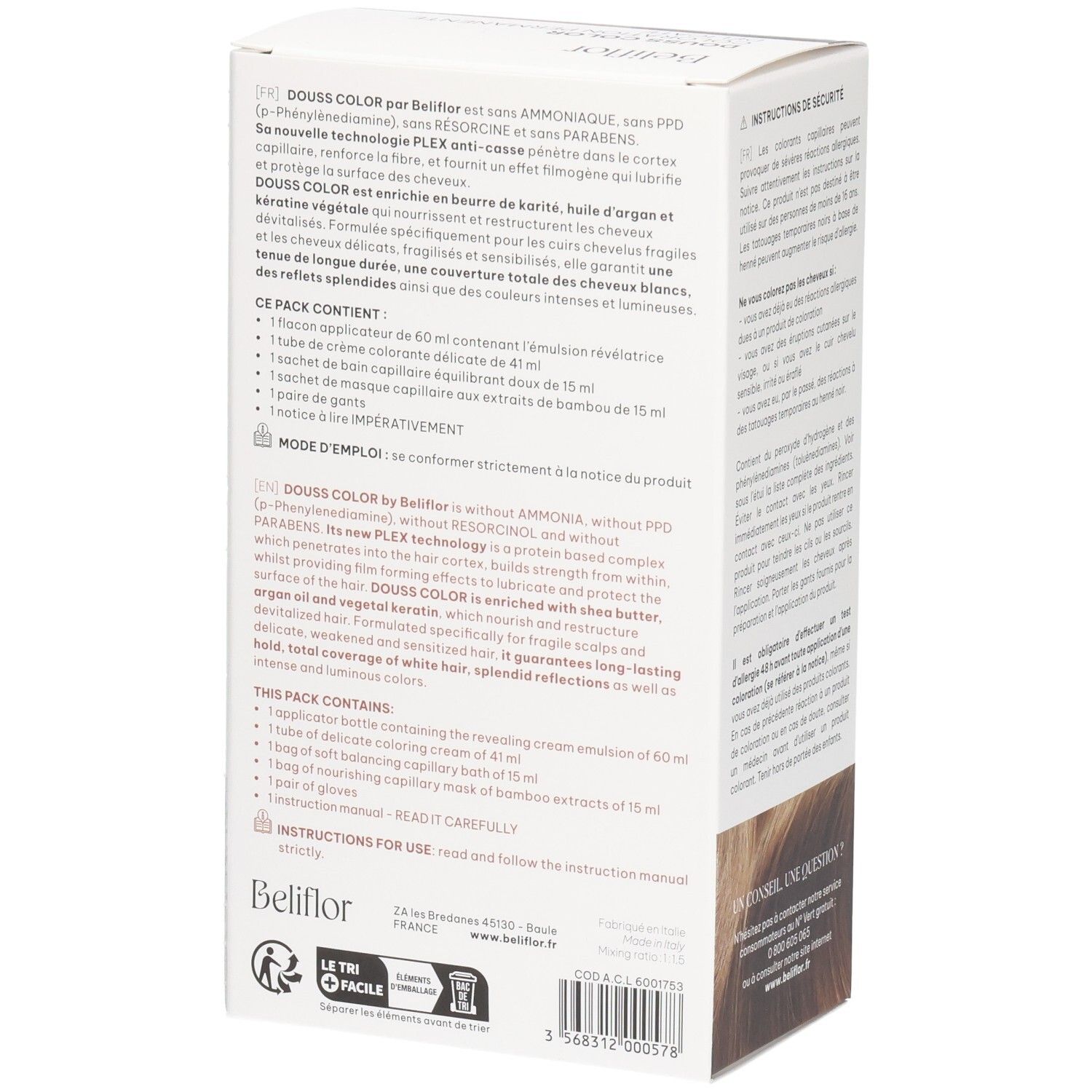 Boîte de teinture capillaire Beliflor, contient flacon applicateur 60ml, crème colorante 41ml, soin 15ml, masque 15ml.