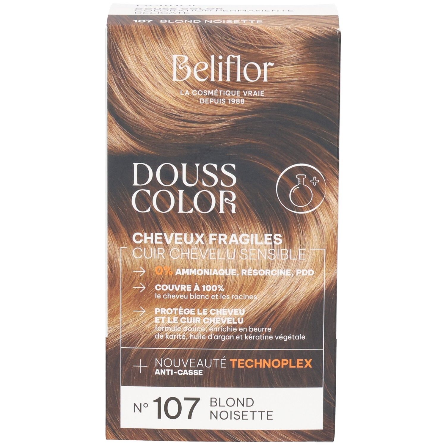 Boîte de coloration Beliflor Douss Color N°107 Blond Noisette pour cheveux et cuir chevelu sensibles.