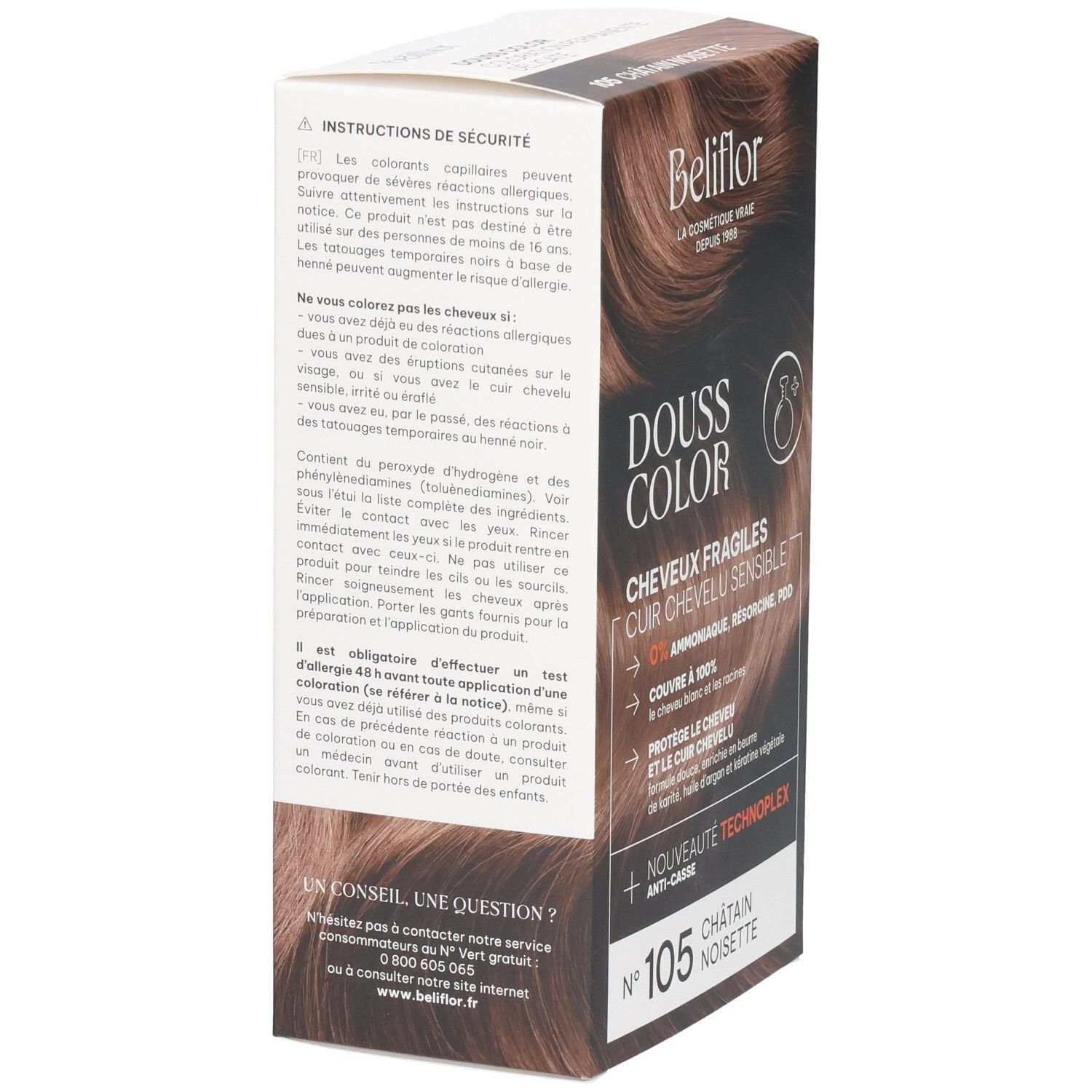 Beliflor Douss Color coloration n°105 Châtain noisette pour cheveux et cuir chevelu sensibles.