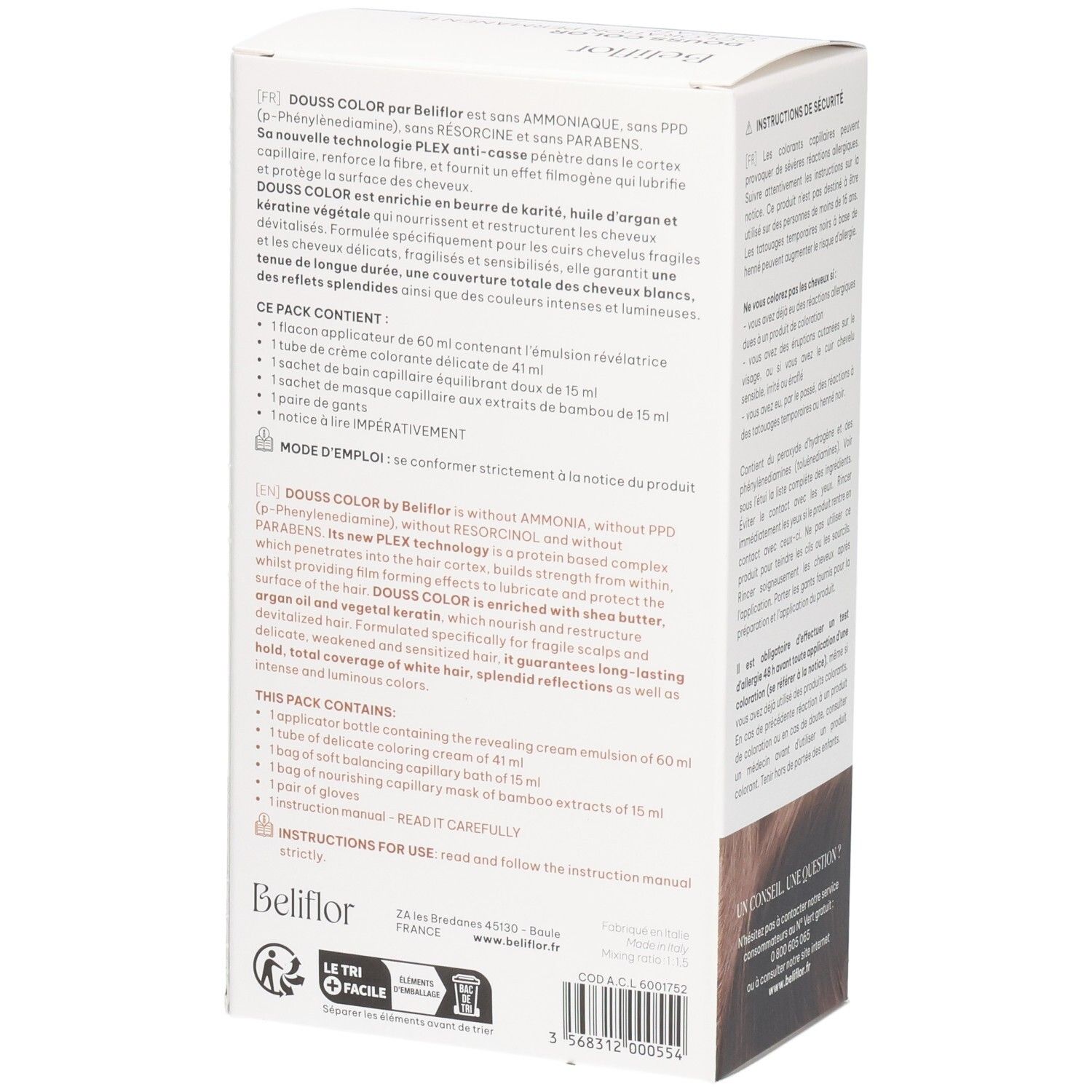 Boîte de coloration Beliflor, contient 60ml d'émulsion, 41ml de crème, 2x15ml de sachet.