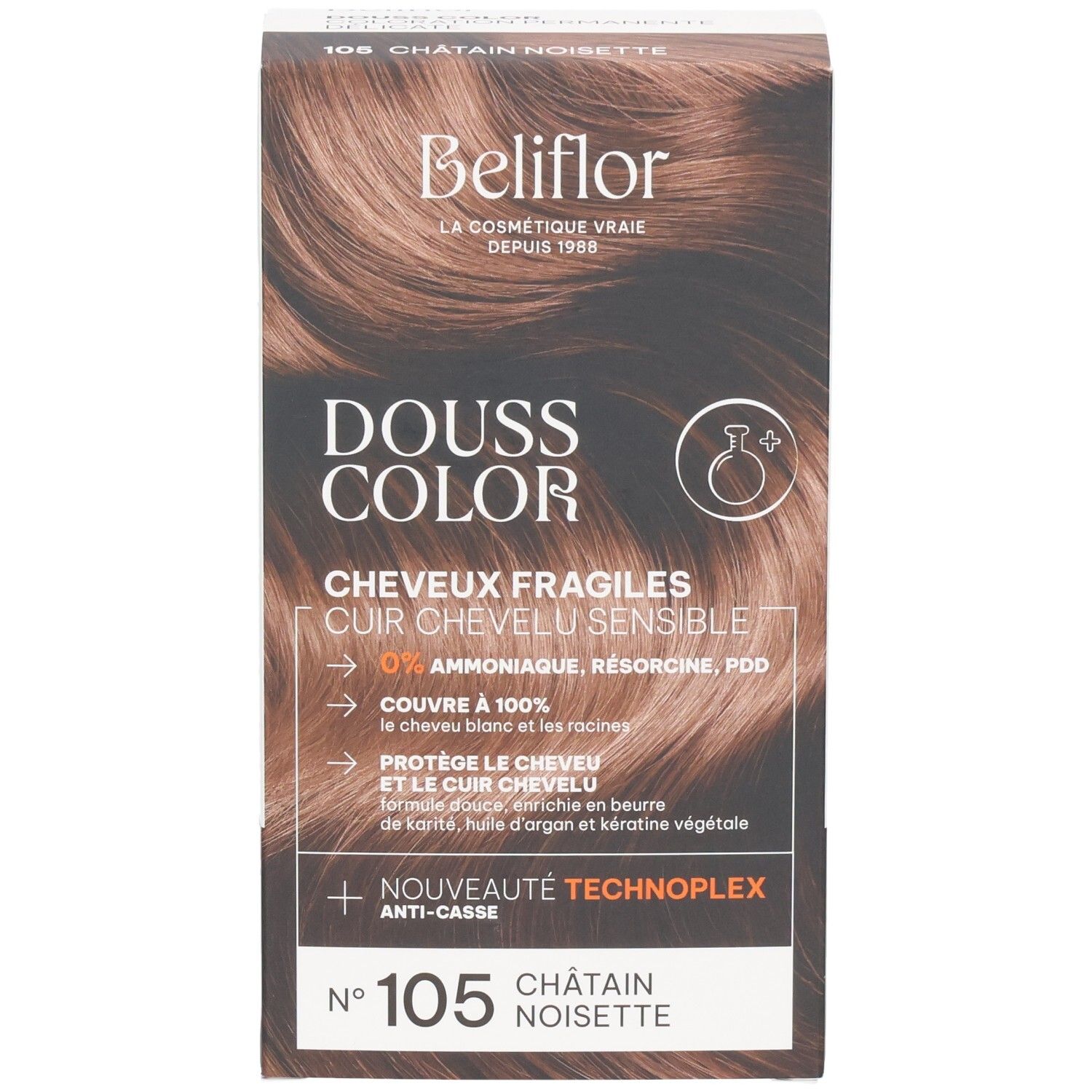 Beliflor Douss Color N°105 Châtain Noisette. Coloration pour cheveux et cuir chevelu sensibles. 0% ammoniaque.