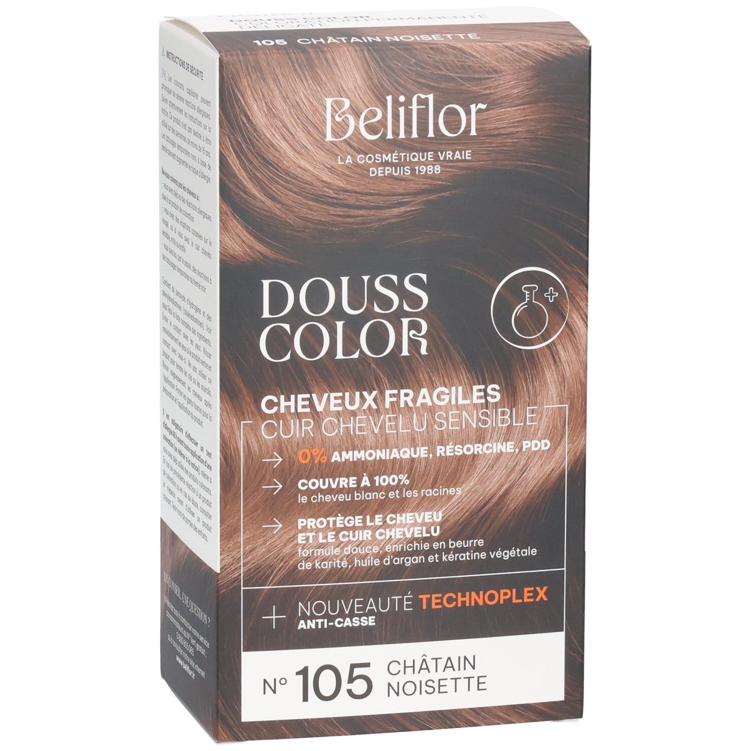 Beliflor Douss Color coloration n°105 Châtain noisette pour cheveux fragiles et cuir chevelu sensible. Sans ammoniaque.
