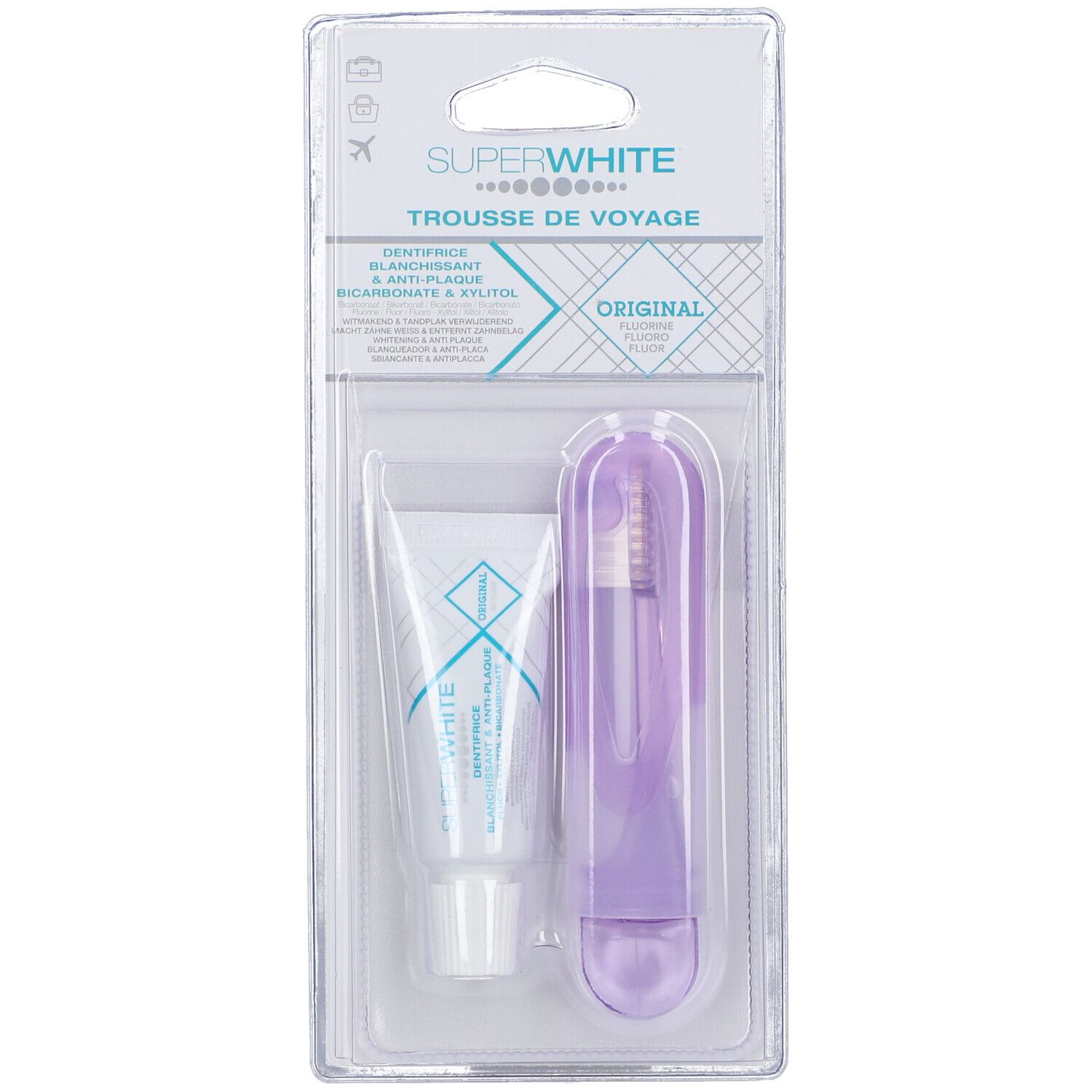 Kit de voyage SUPERWHITE® Original. Contient dentifrice et brosse à dents dans un étui violet. Emballage blister.
