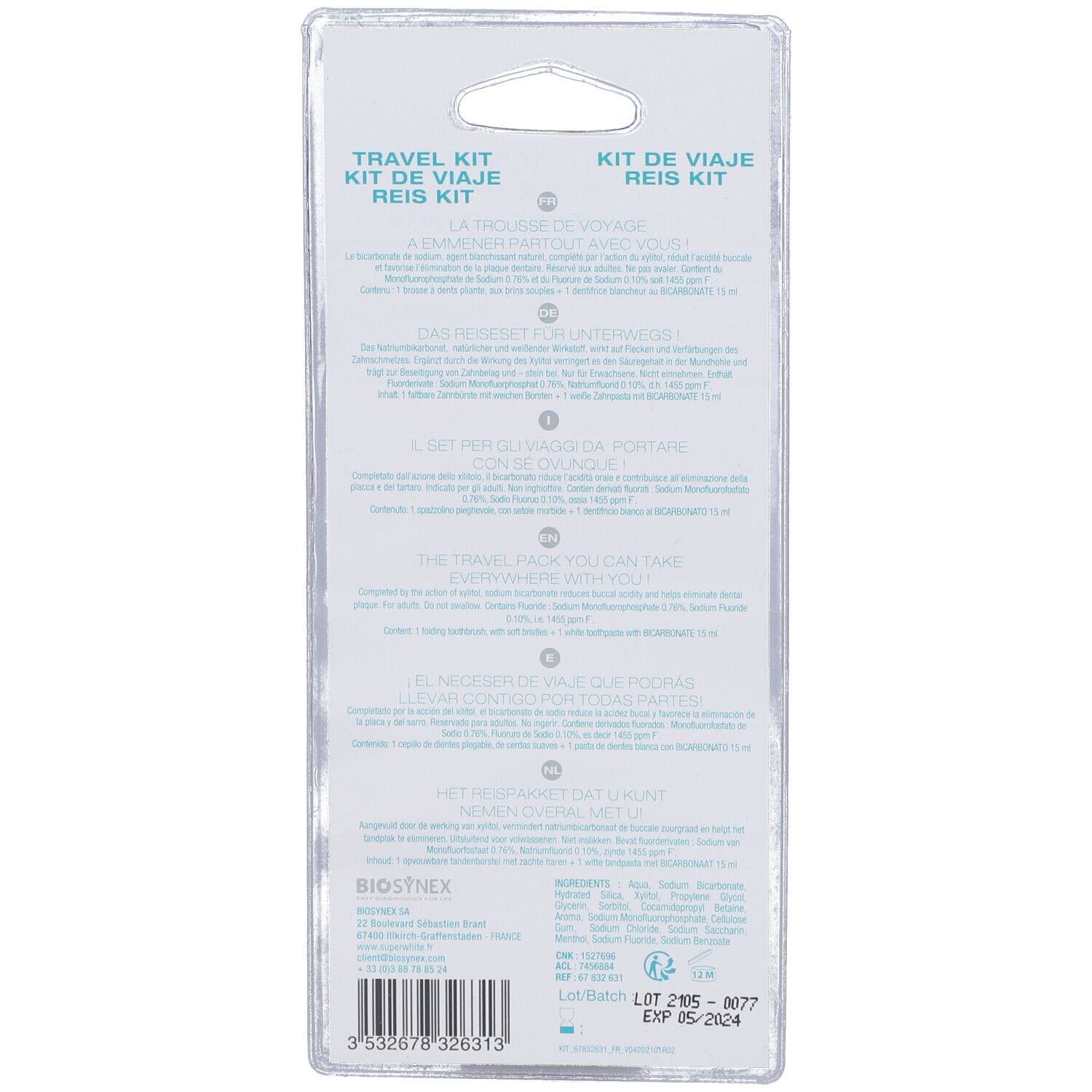 Dos du kit de voyage. Texte multilingue. Informations sur le produit et le fabricant. Code-barres et date d'expiration.