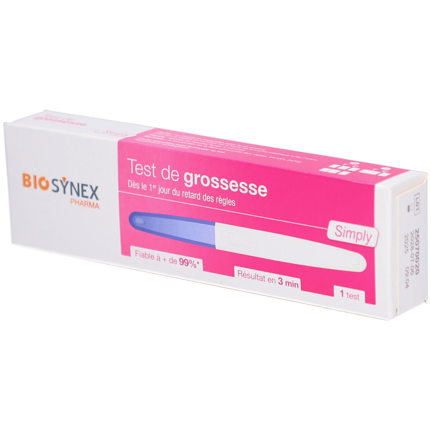 Boîte BIOSYNEX Test de grossesse SIMPLY. Boîte rose et blanche avec texte et logo. Fiabilité 99%.