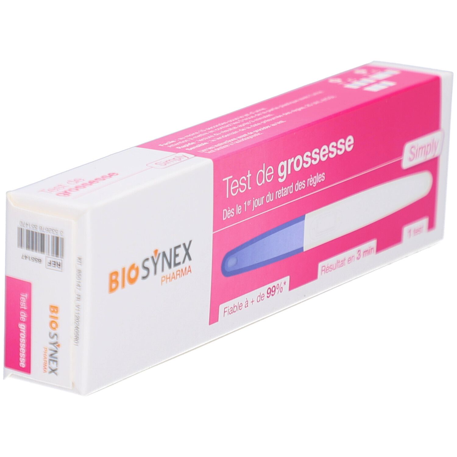 Emballage BIOSYNEX Test de grossesse SIMPLY. Boîte rose et blanche. Impression avec date de péremption et logo. Fiabilité 99%.