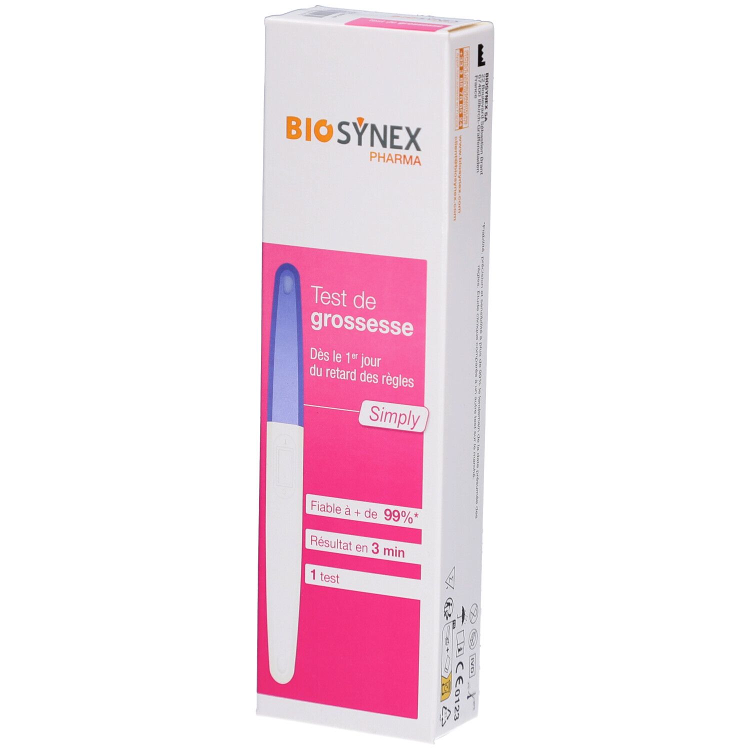 Emballage BIOSYNEX Test de grossesse SIMPLY. Boîte rose et blanche avec texte en plusieurs langues. Fiabilité 99%.
