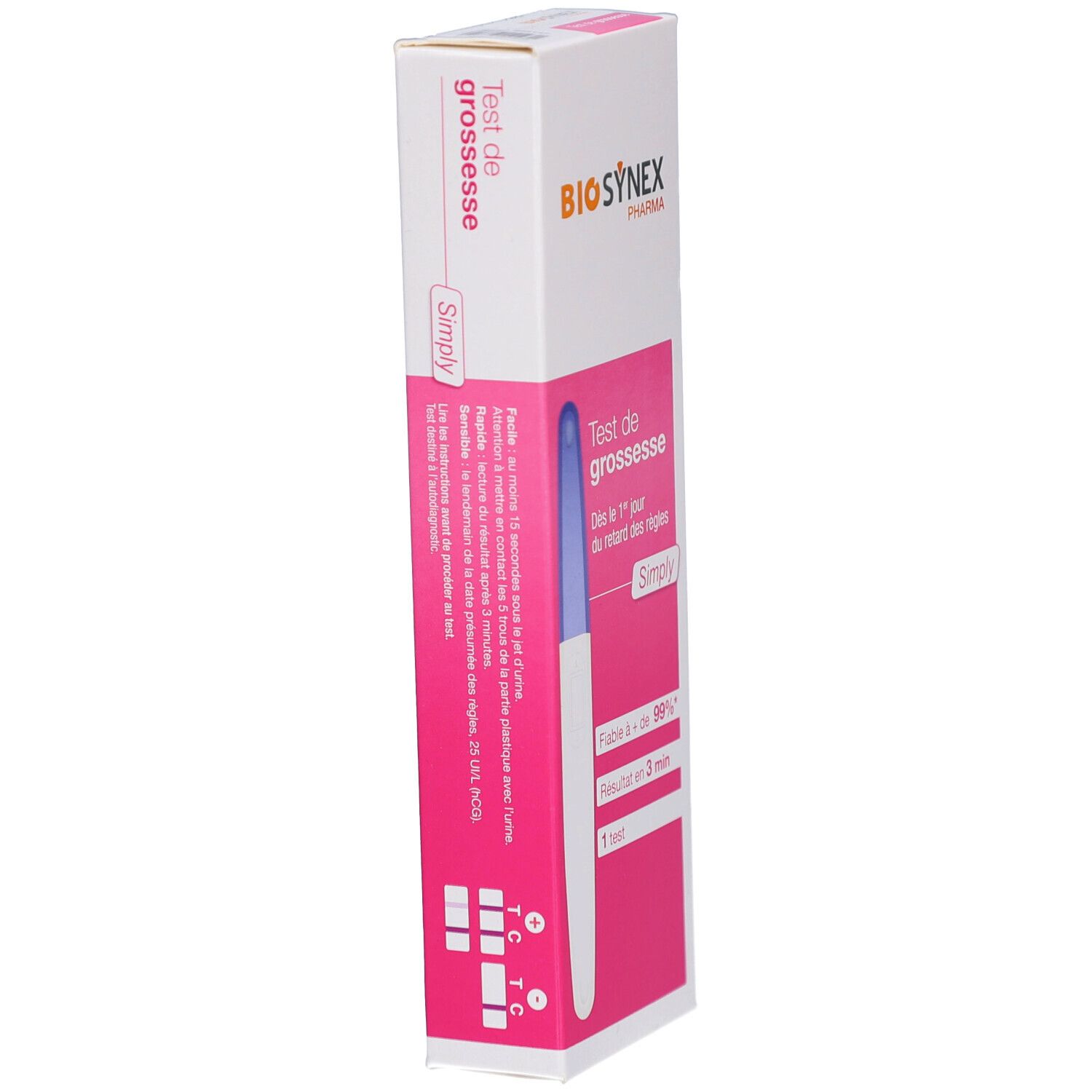 Emballage BIOSYNEX Test de grossesse SIMPLY. Boîte rose et blanche avec texte et symboles de test. Fiabilité 99%.