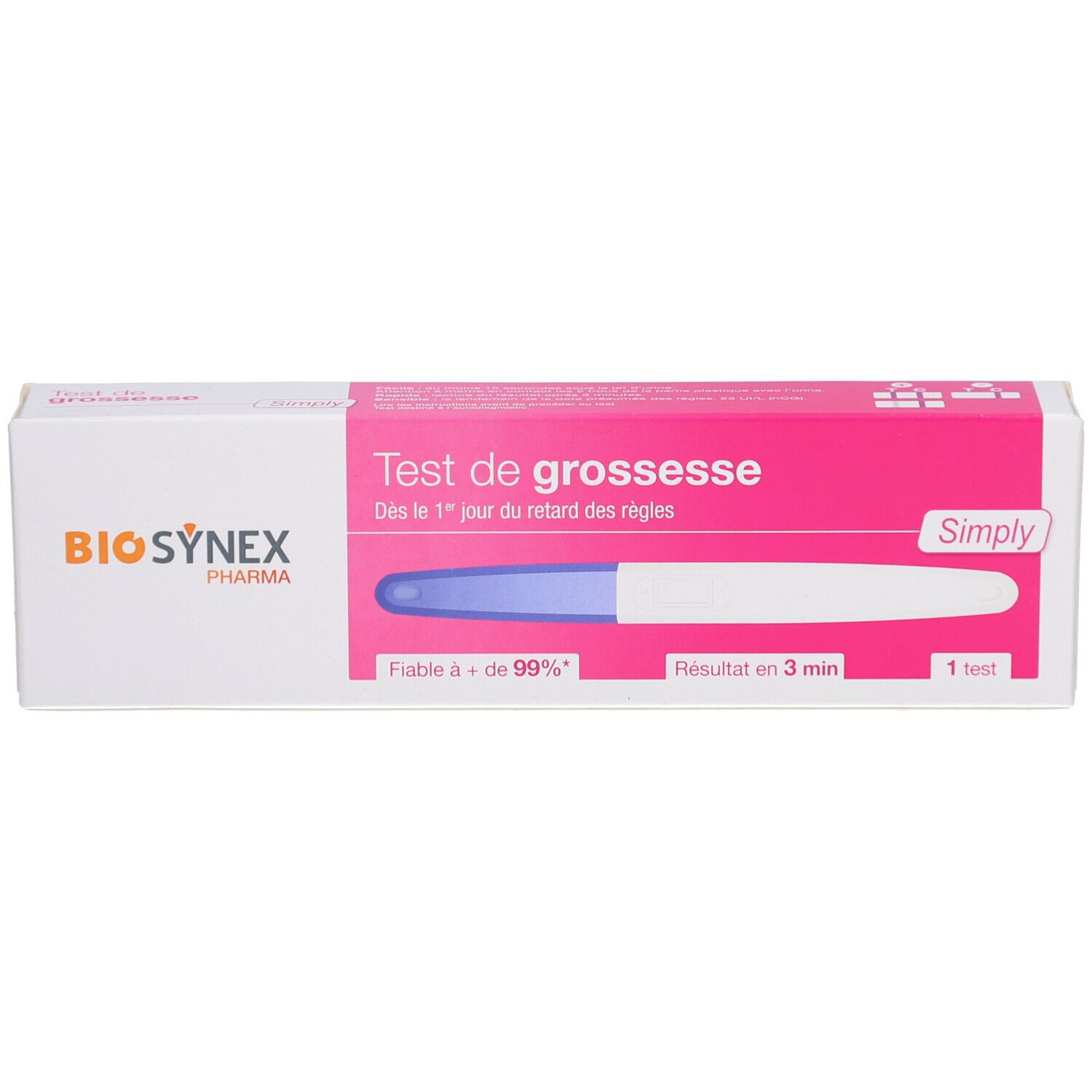 Emballage BIOSYNEX Test de grossesse SIMPLY. Boîte rose et blanche avec texte et logo. Fiabilité 99%.