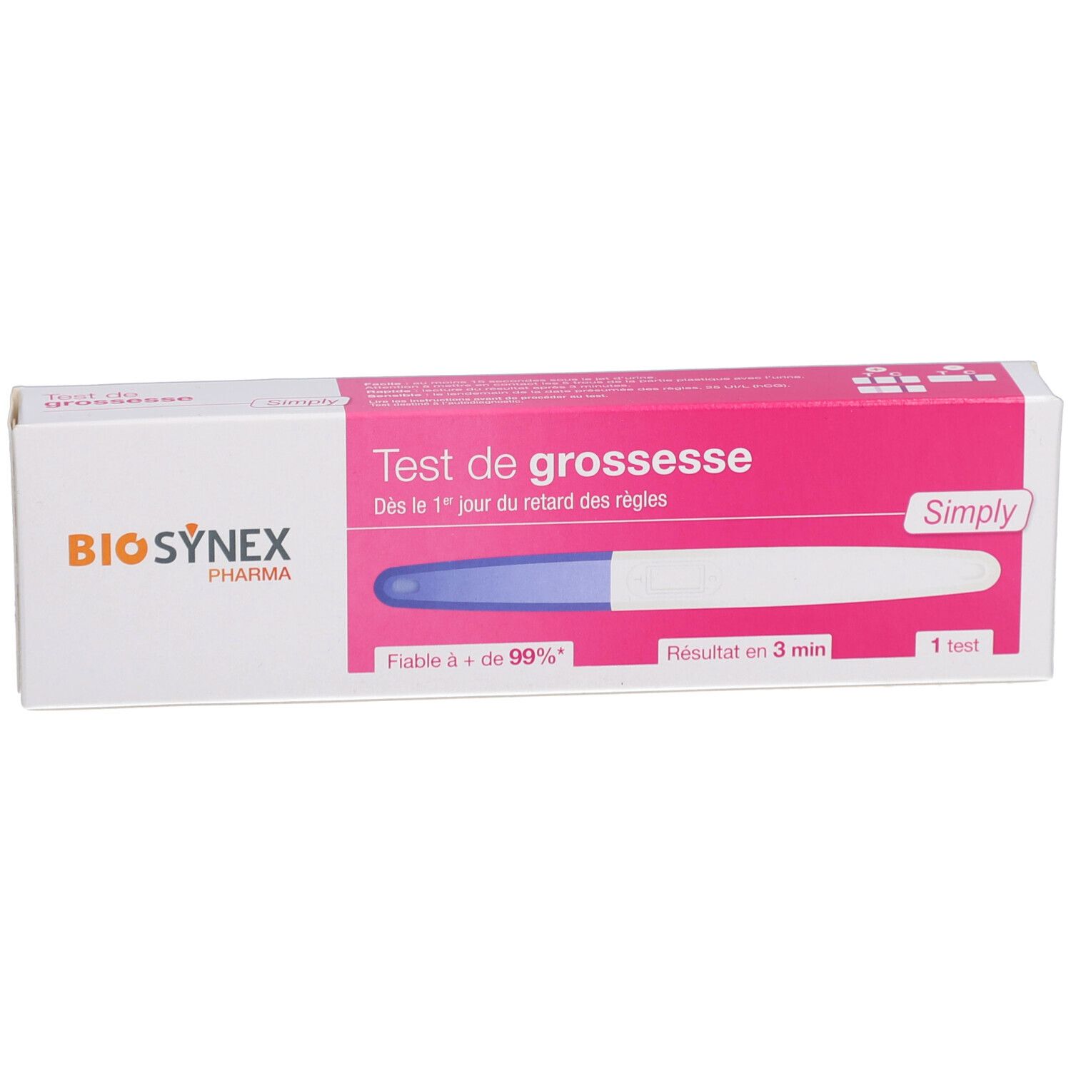 Emballage BIOSYNEX Test de grossesse SIMPLY. Boîte rose et blanche avec texte et logo. Fiabilité 99%.