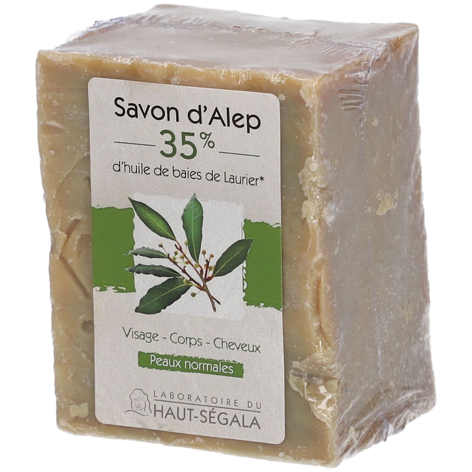 Verpakte Savon d'Alep 35%. Label: normale huid, gezicht, lichaam, haar. Logo Laboratoire du Haut-Ségala. Transparante verpakking.