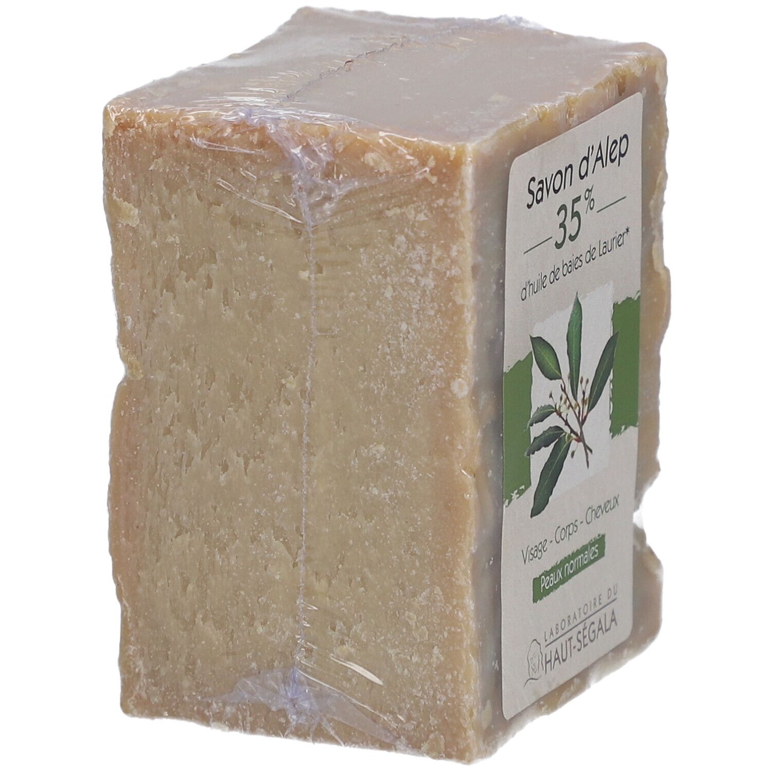 Verpakte Savon d'Alep 35%. Label: normale huid, gezicht, lichaam, haar. Logo Laboratoire du Haut-Ségala. Transparante verpakking.