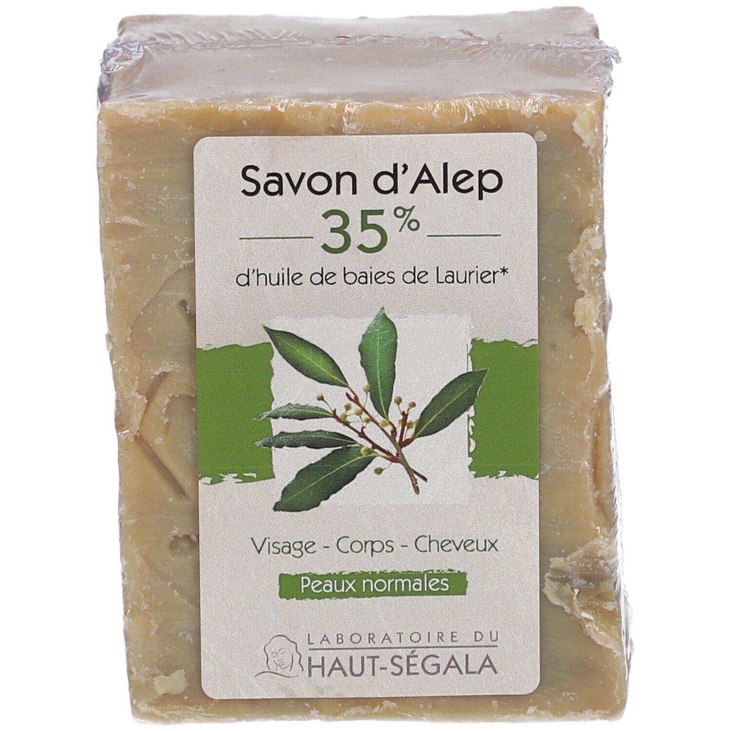Verpakte Savon d'Alep 35%. Label: normale huid, gezicht, lichaam, haar. Logo Laboratoire du Haut-Ségala. Transparante verpakking.