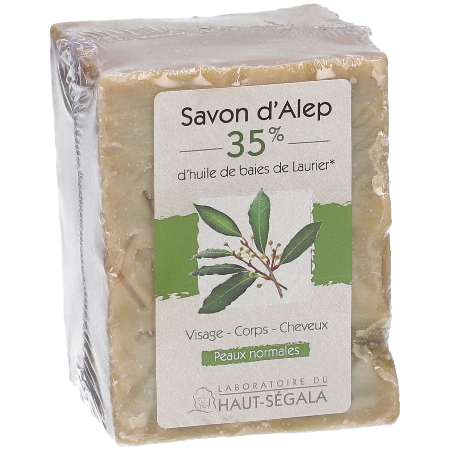 Verpakte Savon d'Alep 35%. Label: normale huid, gezicht, lichaam, haar. Logo Laboratoire du Haut-Ségala. Transparante verpakking.