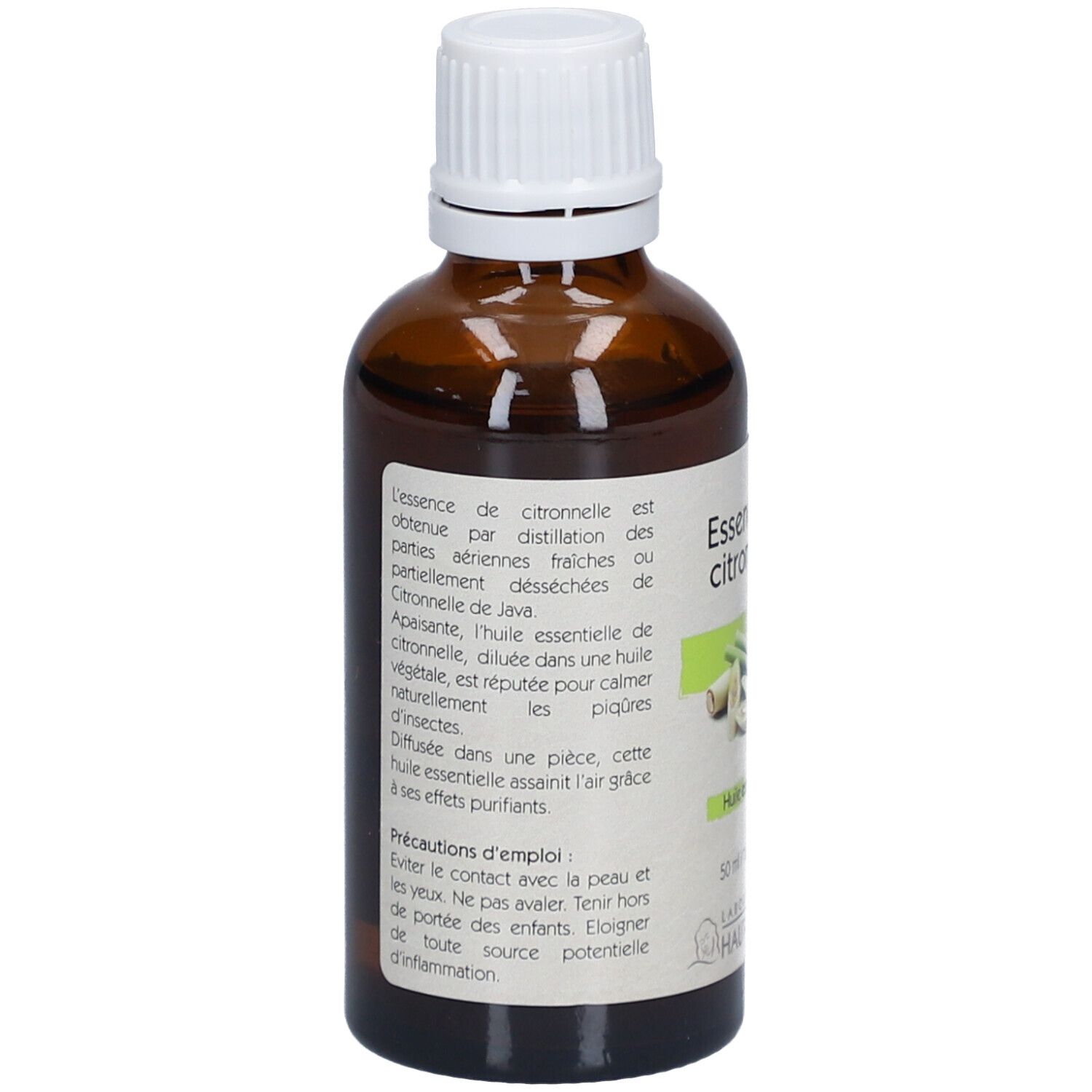 Bruine glazen fles met witte dop. Etiket met productinformatie en citroengrasillustratie. Merk: Laboratoire du Haut-Ségala.